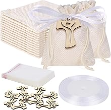 Gudotra Pack of 24 White Wedding Favour Bags with Wooden Tau Cross, Transparent Bags, White Ribbons, Jute Bags for Sweets, Favours for Communion, Wedding, Confirmation, Christening