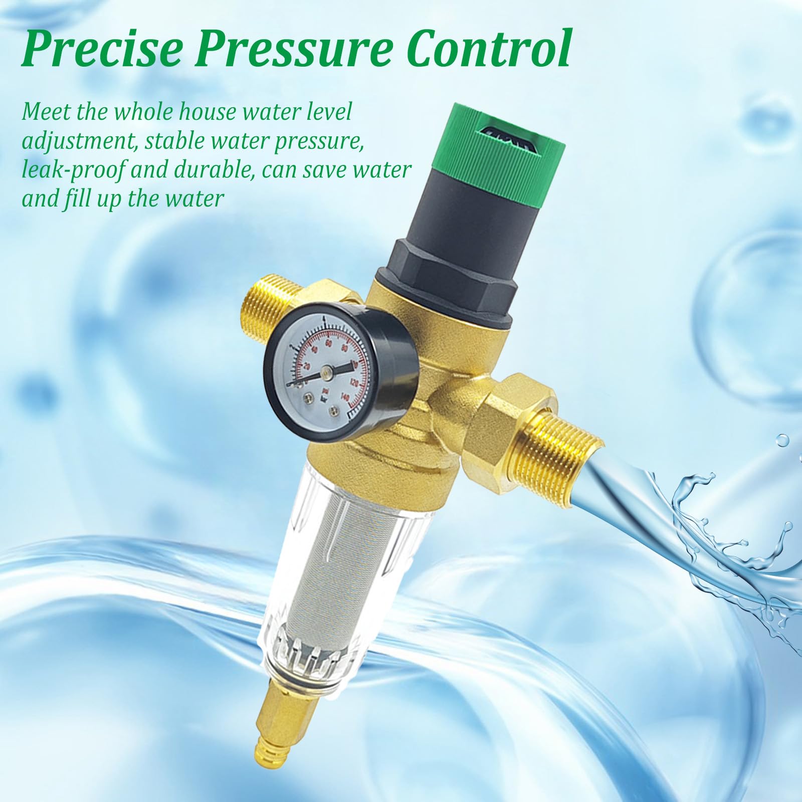 Réducteur de pression d'eau 1/2", filtre de rinçage avec réducteur de pression, valve de réduction de pression d'eau avec manomètre en laiton pour filtrer les impuretés dans l'eau