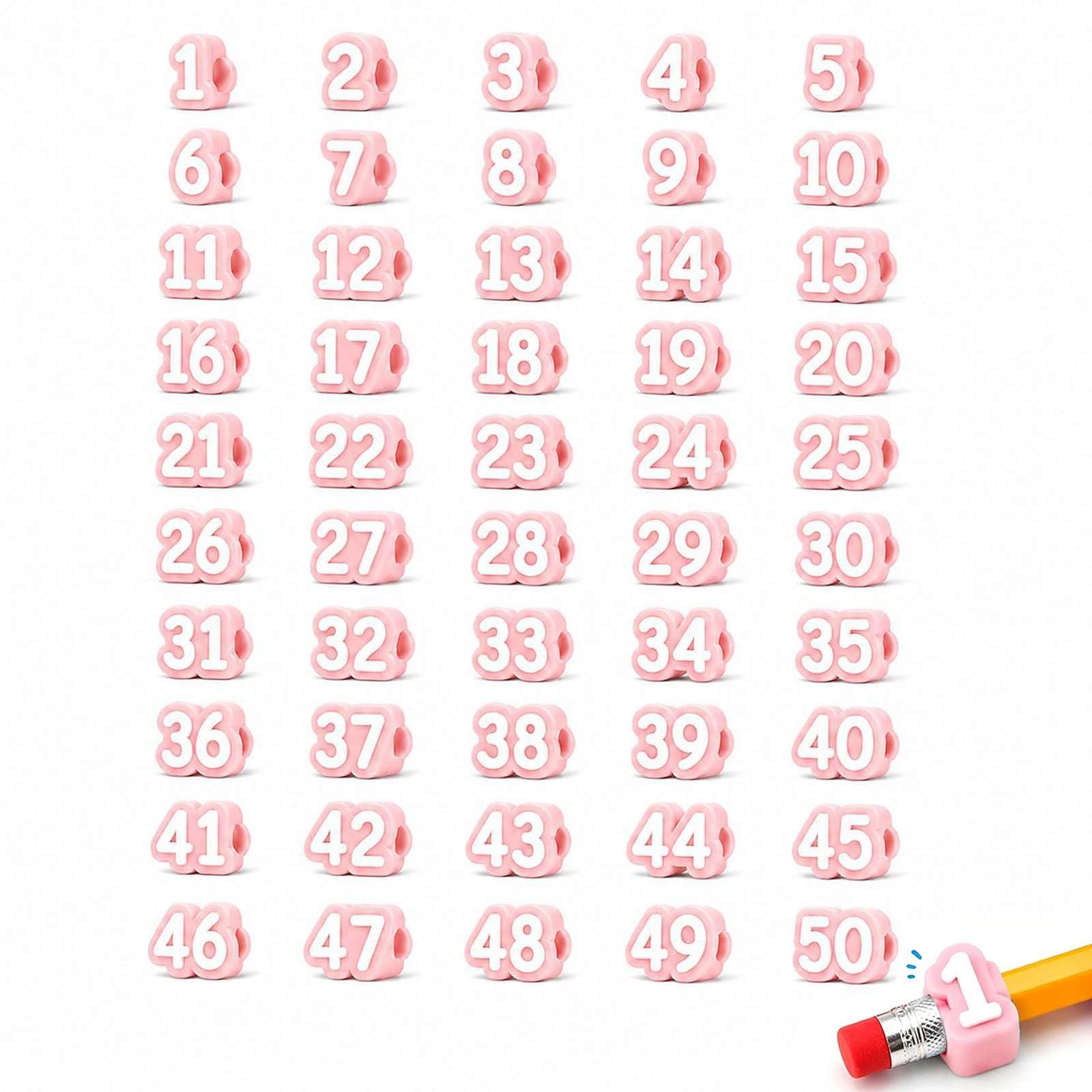 Numbered Pencil Toppers, Reusable Classroom Pencil Labels for Teachers, Cute Pencils Tracking Markers for Supply Stations, School Organization and Classroom Management (Pink 1-50)