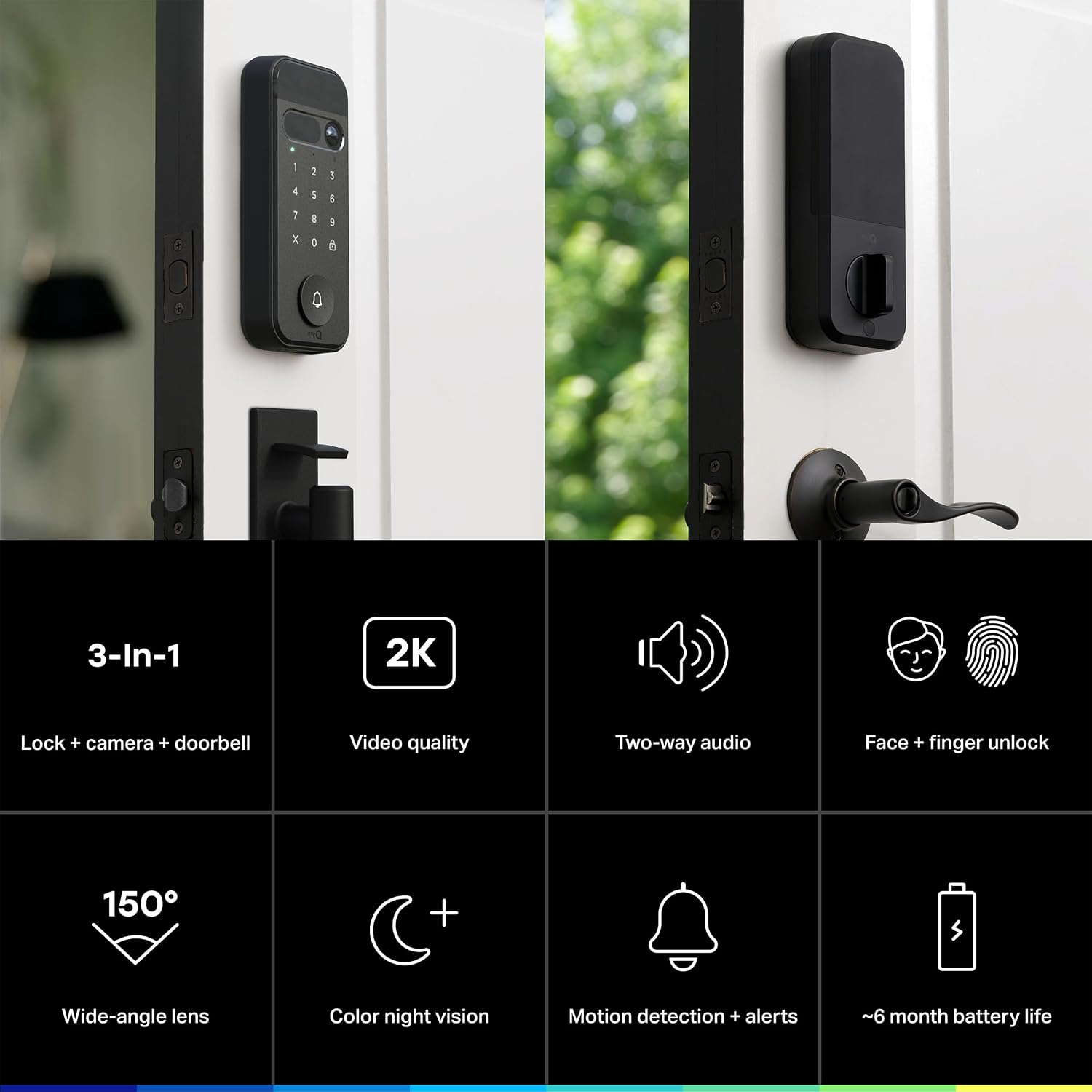 myQ Secure View™ 3-in-1 Smart Lock Deadbolt + Extra Battery, Keyless Entry Door Lock, 2K HDR Doorbell Camera, Face, Fingerprint & PIN Access, App Control, Color Night Vision & Two-Way Audio 4 71EbYrSl8SL. AC SL1500
