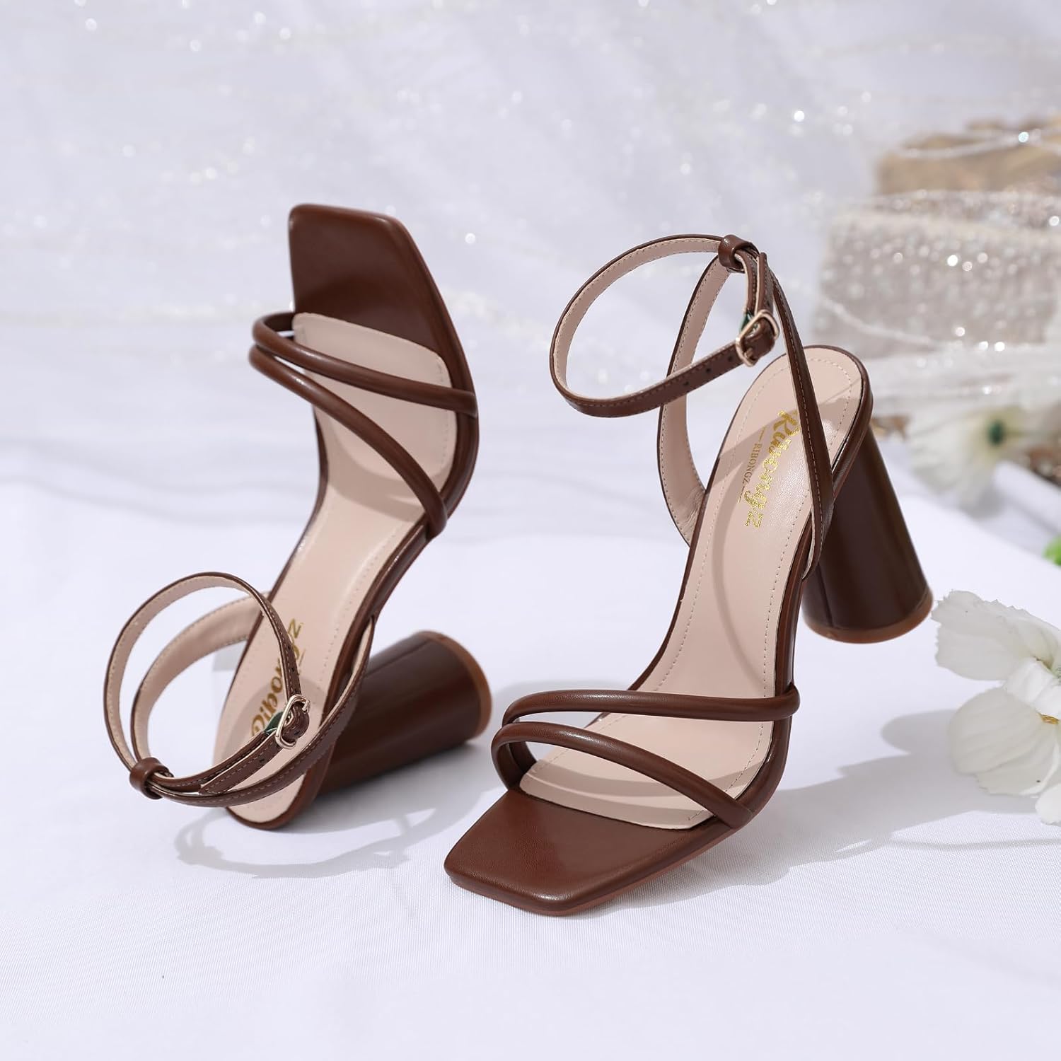 RIBONGZ Block Heels Prom Heeled Sandals for Women Chunky Square Open Toe Strappy High Heels Ankle Strap Wedding Bridal Shoes High Heel Sandals for Party Dress - Image 3