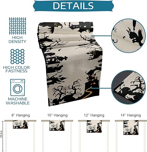 Miniatura 7 de Camino de mesa de Halloween, bufandas de tocador de 13 x 48 pulgadas, camino de mesa de castillo embrujado aterrador, mesa de lino negro, decoración