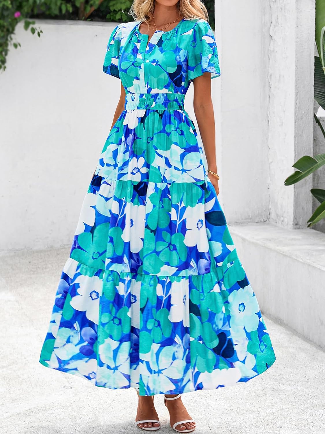 BTFBM Womens Summer Floral Maxi Dresses V Neck Short Sleeve Boho Casual Flowy Long Wedding Guest Dress Beach Vacation - Image 5