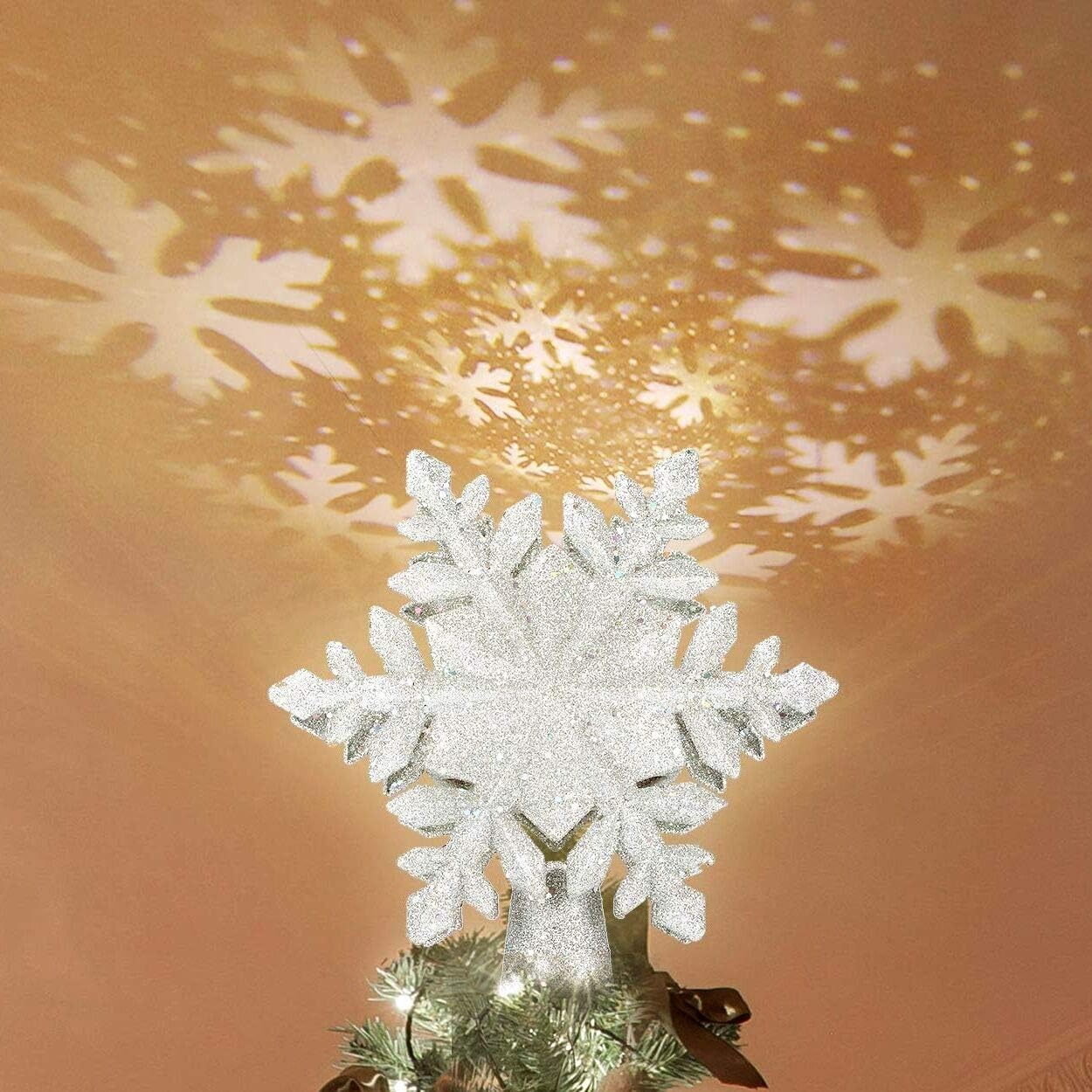 NULIPAM Christmas Metal Star Tree Topper Projector, Snowflake Lighted Gold Glittered Tree Toppers Decoration Starry Night Light for Christmas Nursery Bedroom Decorations