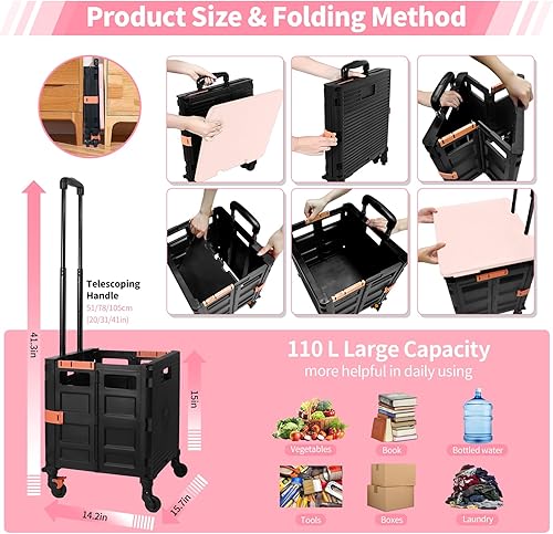 Miniatura 3 de Carrito utilitario de caja rodante, cesta plegable para profesores, con tapa, resistente al desgaste, sin ruido, rueda giratoria de 360, mango