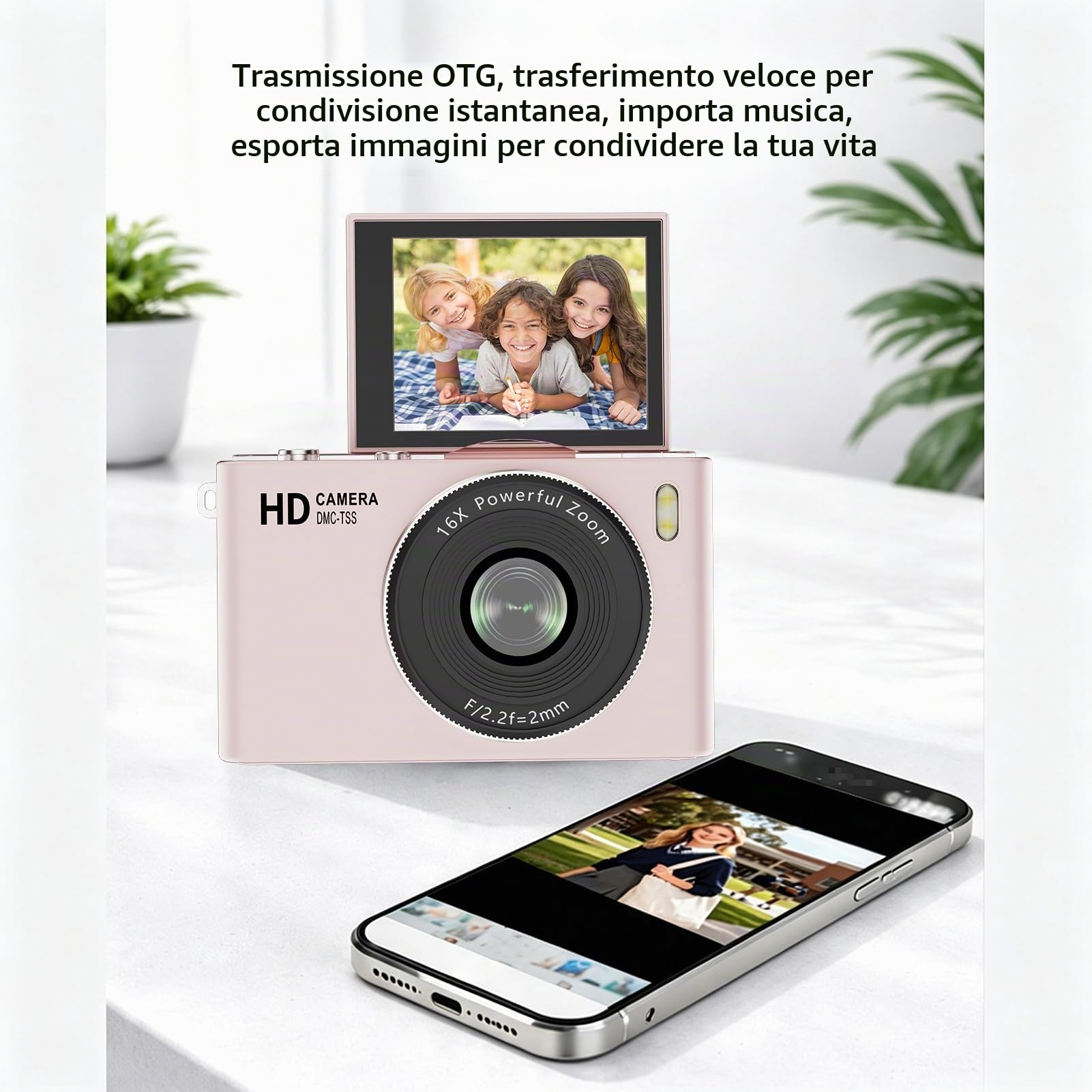 Fotocamera Digitale 4K con Scheda TF da 32 GB, Fotocamera da Viaggio 64 MP, Zoom 16x, Obiettivo Grandangolare 76°, Schermo Pieghevole 180°, Filtri Multipli con