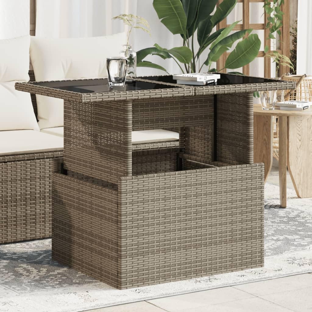 Outdoor Poly Rattan Adjustable Height Garden Dining Table With Glass Top | Patio Tables, Outside Coffee Table, Polyrattan Garden Furniture Grey