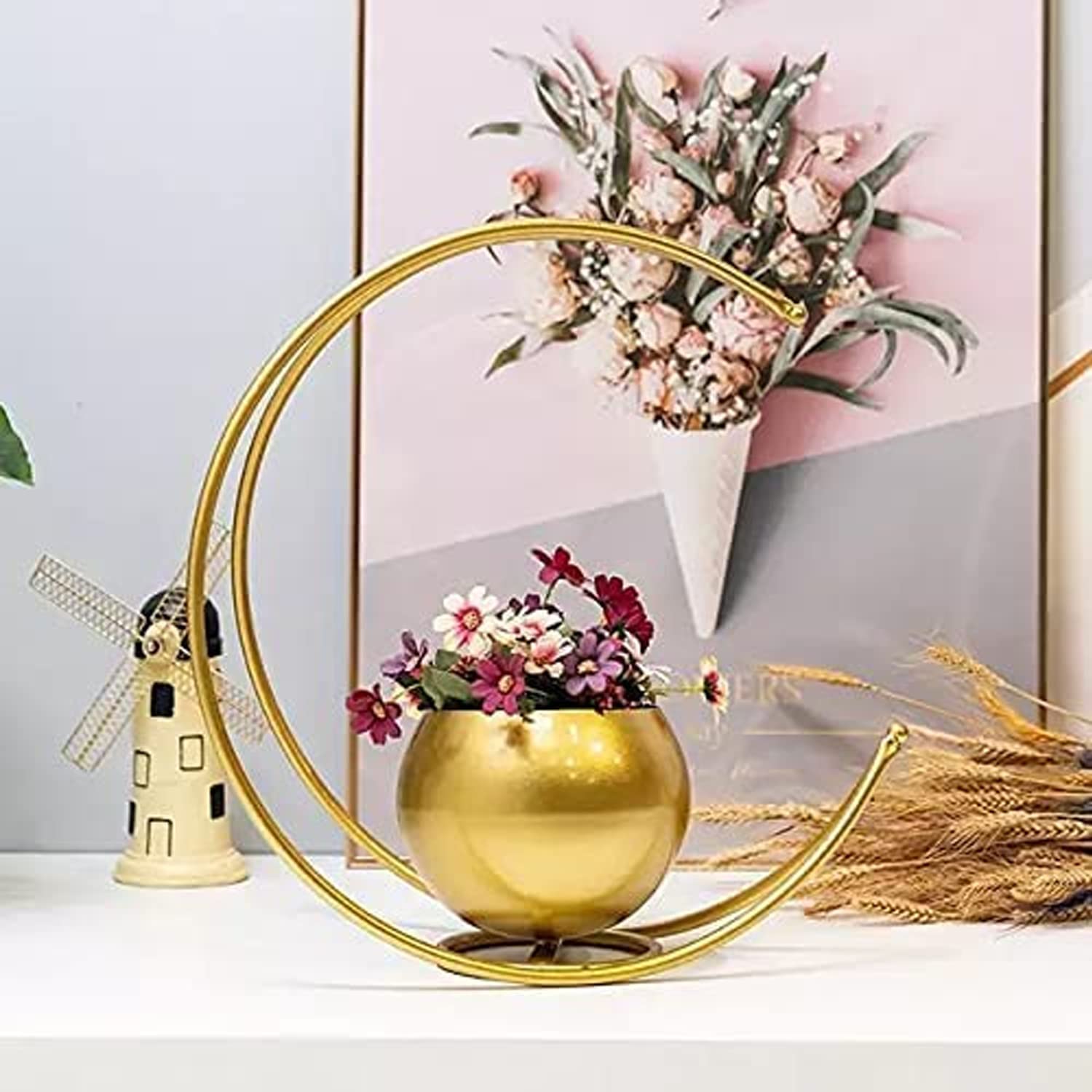 Antique Collection Handicrafts Metal Geometric Design Vase with Gold Finish - Table Decorative Flower Pot (Size 24 x 24cm)-image-26