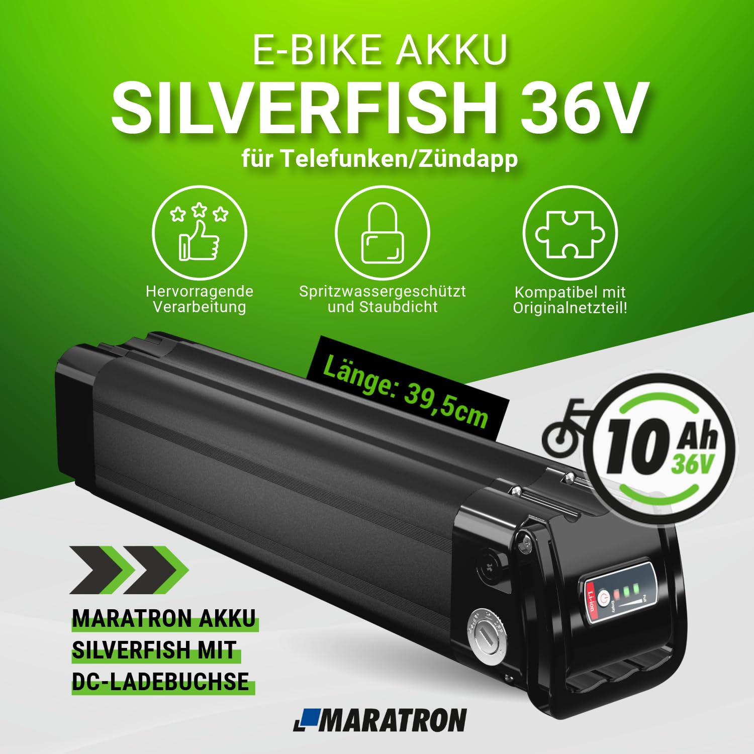 Maratron Ersatz-Akku 36V 10,4Ah (374Wh) kompatibel mit TELEFUNKEN Multitalent, ZÜNDAPP Z510, Z517, Green 2.7, Green 3.7 u.v.m. (39,5 cm)