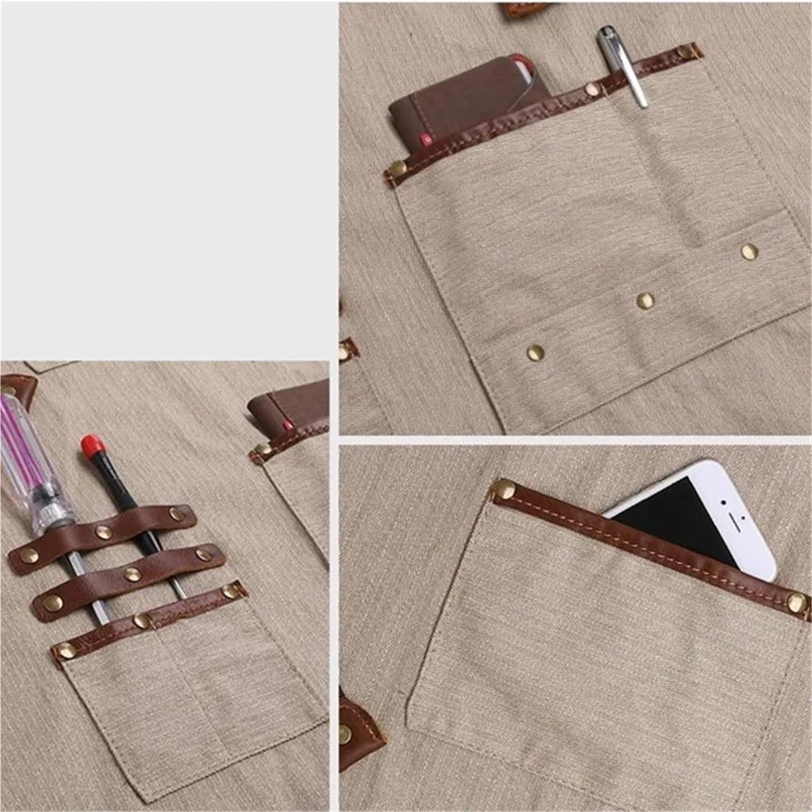 Delantales De Herramientas Delantal de algodón cruzado, verde, gris y marrón, for barbero, florista, jardinero, pintor, ropa trabajo, cafetería, barista, camarero, uniforme