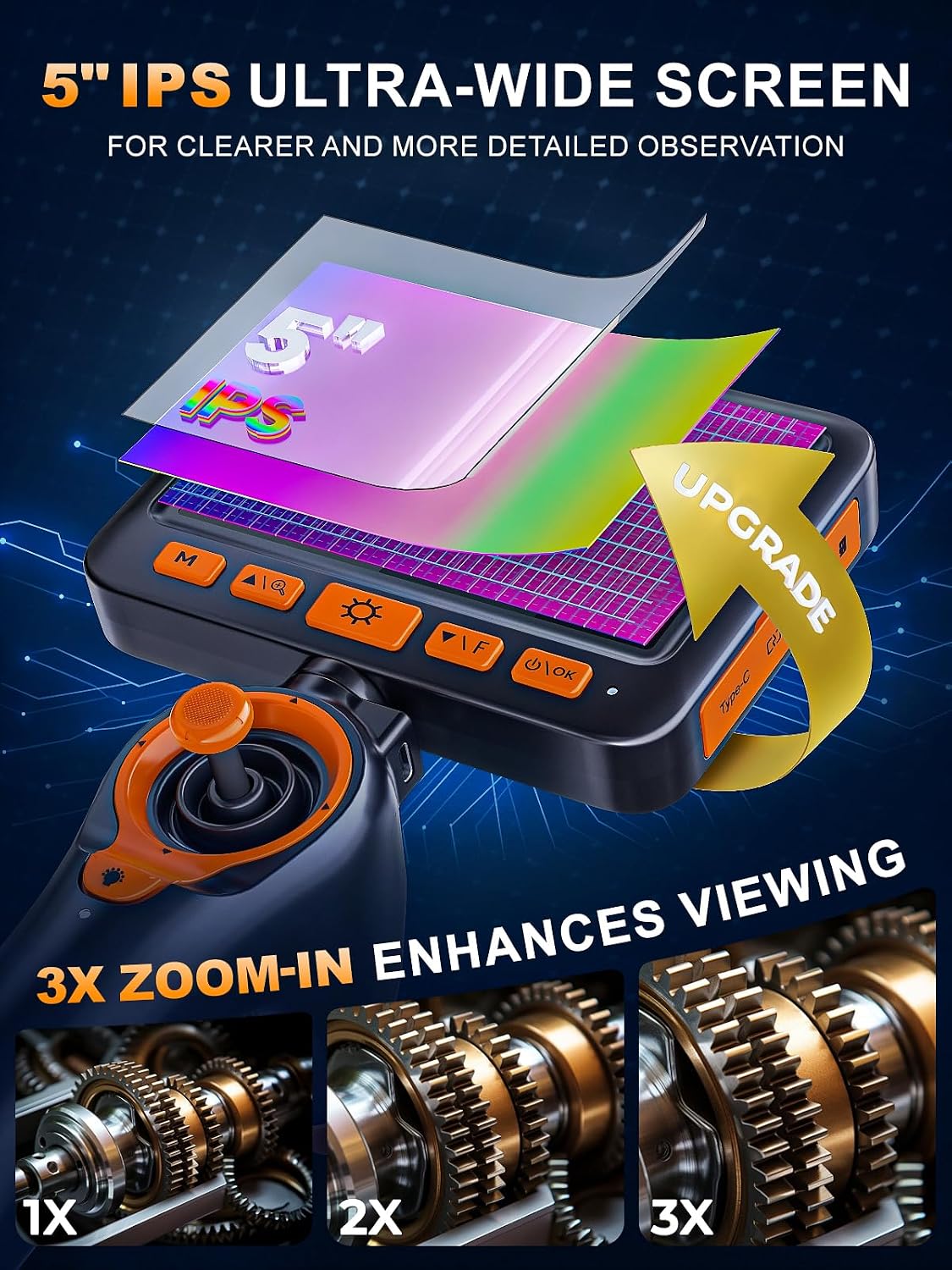360°Articulating Borescope Camera - 5" HD 1080P Inspection Camera Screen with 6 Light, Endoscope with 6.2mm IP67 Waterproof Probe, 3X Zoom 4-Way Borescope with Flexible Cable
