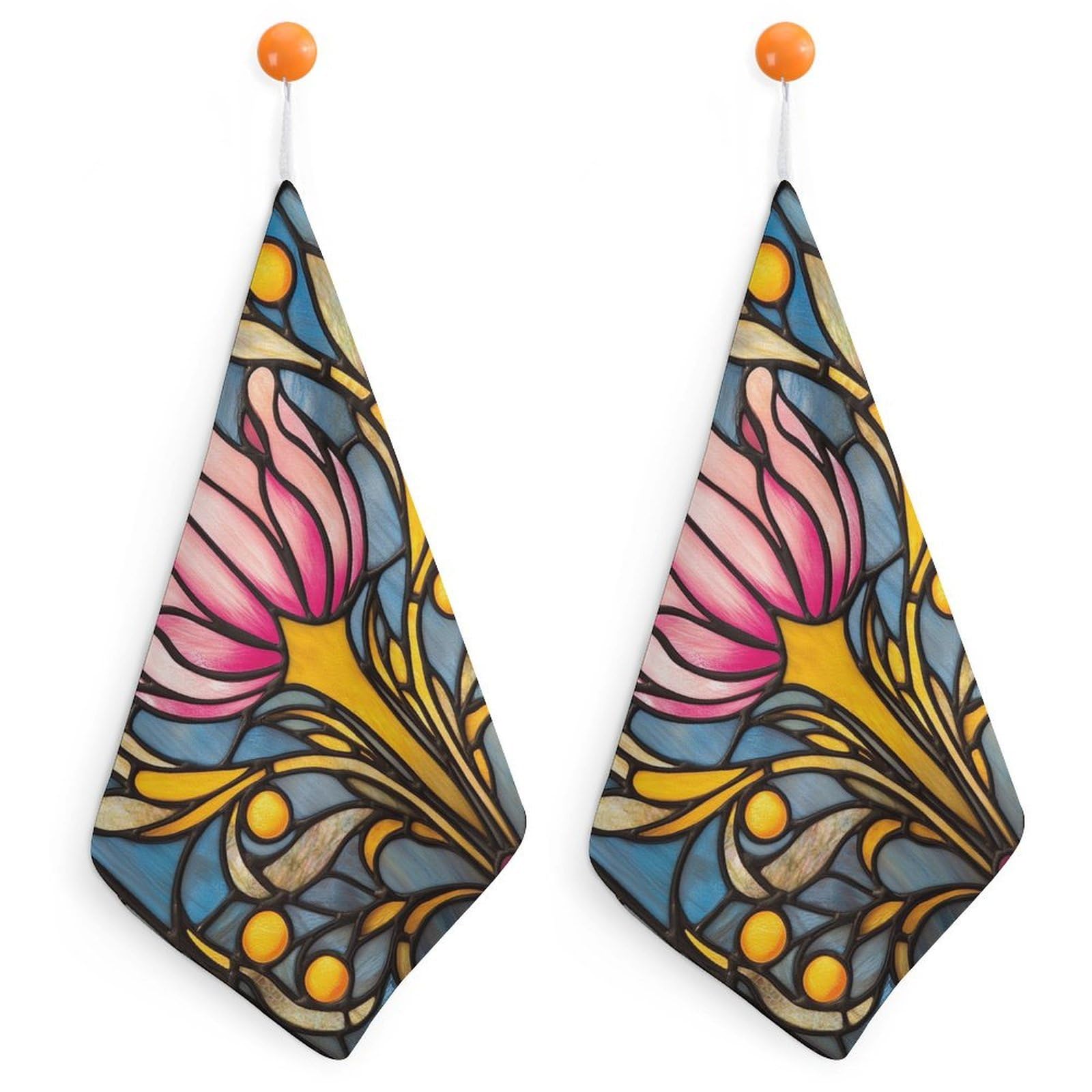 Jubonexis Stained Glass Stylized Pink Floral Small Hand Towel with Hanging Loop 2 PCS Absorbent Soft Wash Cloth for Kitchen Bathroom