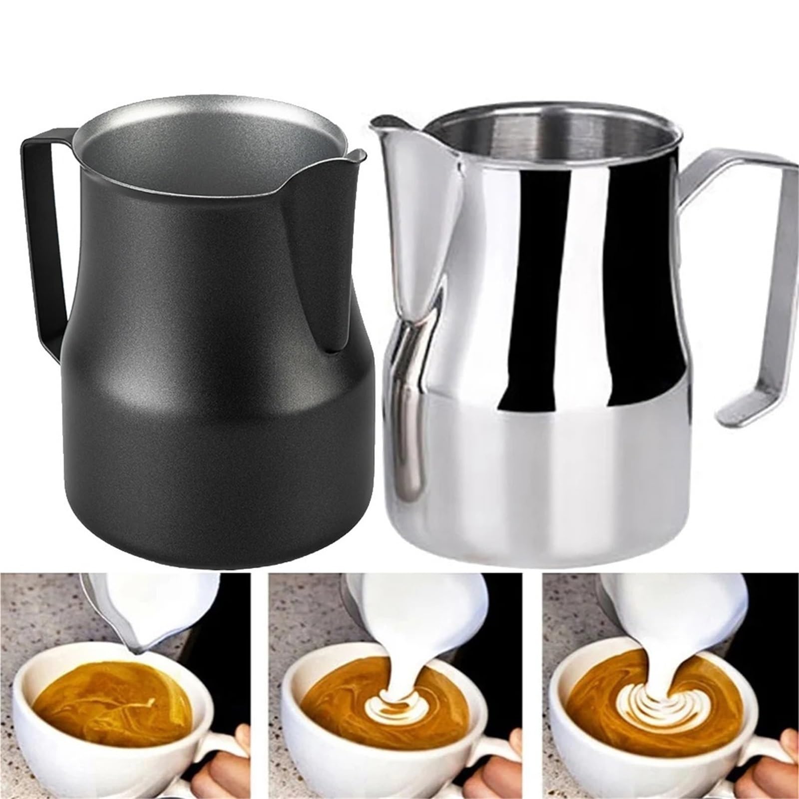 2 Stück Edelstahl-Milchaufschäumkrug mit langem, abgerundetem Auslauf, Latte-Art-Krug, Milchkännchen, Milchaufschäumer, Barista-Milchdampfkrug(Silver-350ml)