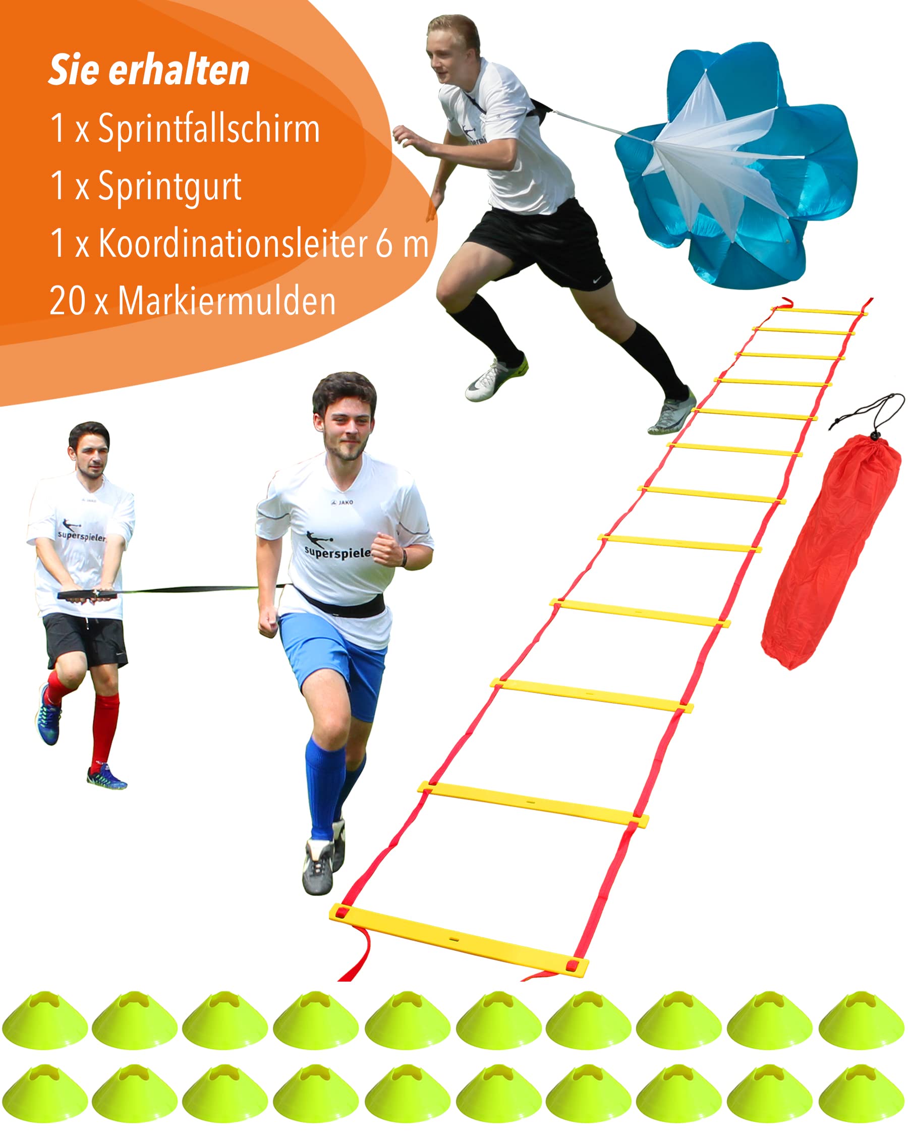 Set fitness – Sprint Training con paracadute, cinghia, scala di coordinazione 6 m & 20 indicatori per forza rapida e agilità