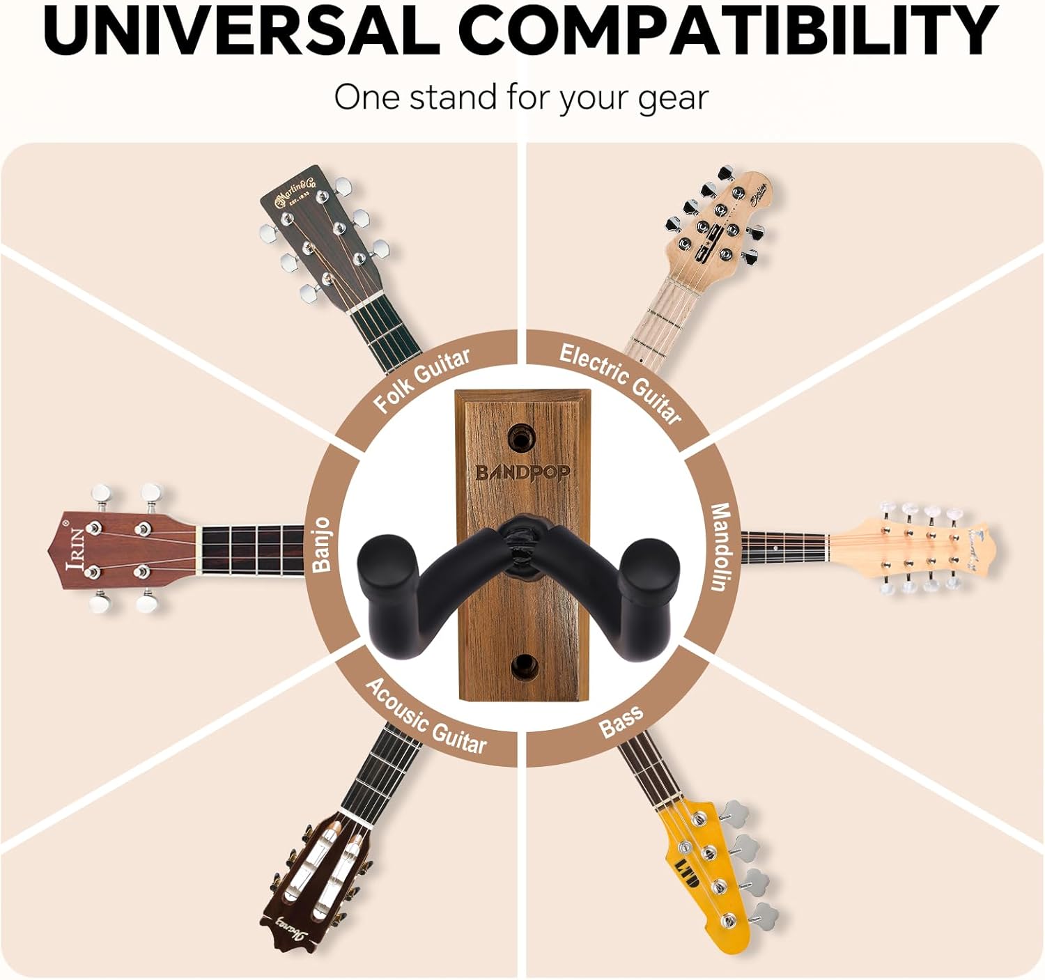 Bandpop Guitar Wall Mount - Black Walnut Guitar Hanger with 5pcs Picks for Acoustic, Electric, Bass, Banjo, Mandolin thumbnail