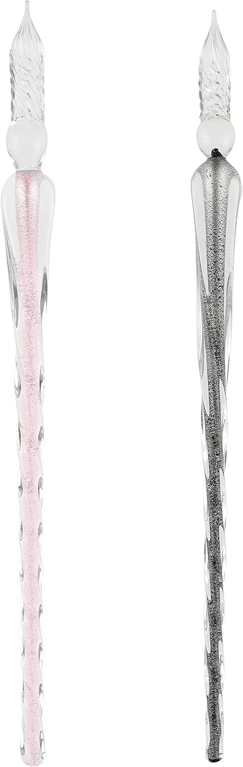 Hand-blown Crystal Glass Dip Pen for Writing, Drawing, Signatures, Hand Lettering and Art, Includes Pen Rest and Black Ink - Gift Box Set - 2 Pack - Blossom/Graphite