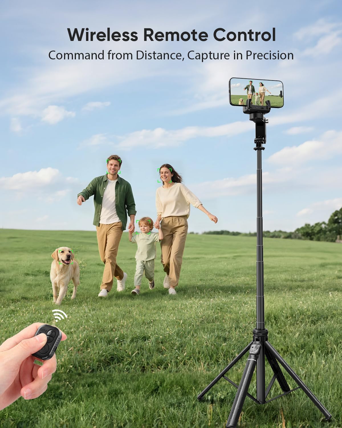 A person playing guitar while the KOSCHEAL gimbal tracks their face, with gesture control instructions.