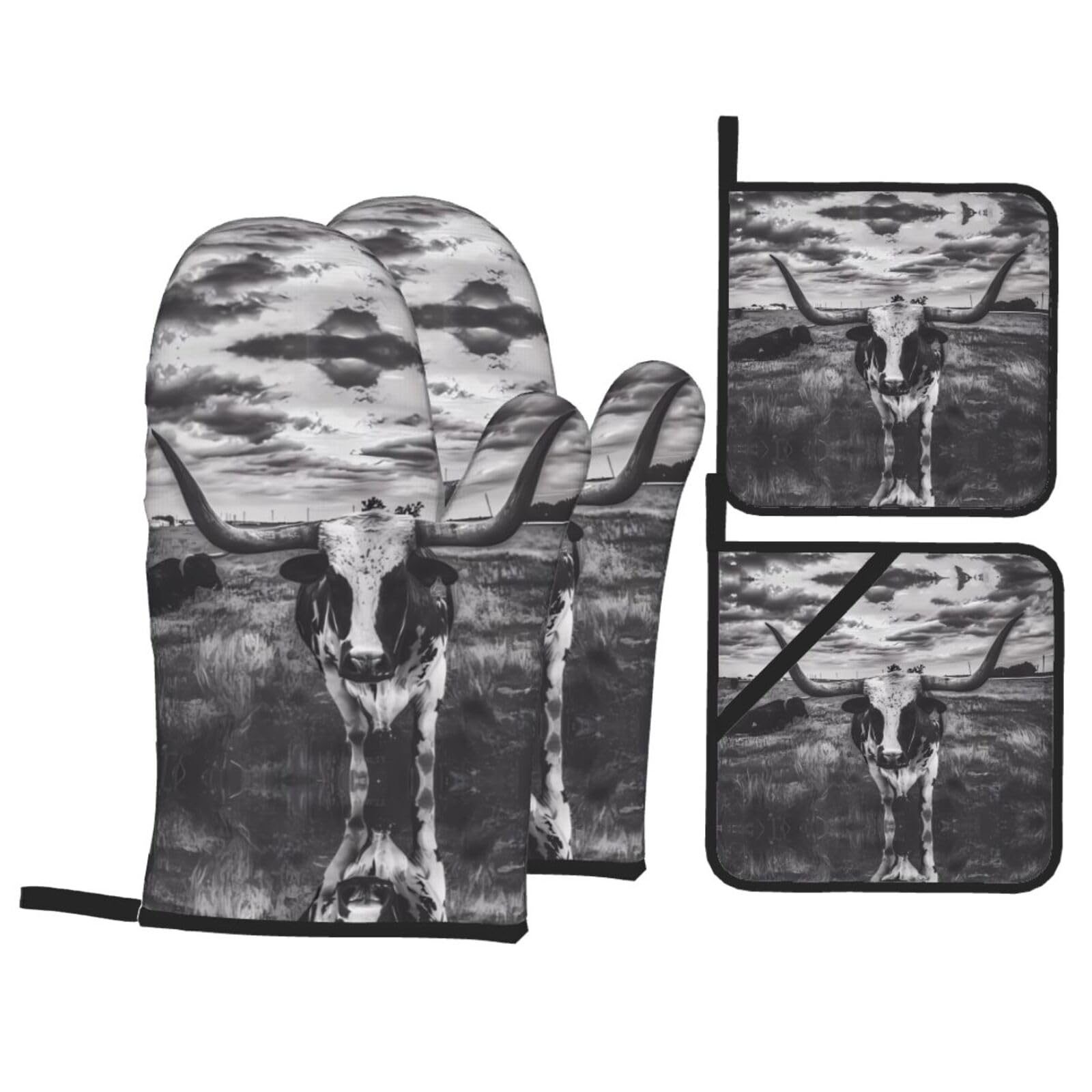YYHHAOFA Black and White Cow Prints Kitchen Baking Set with Heat Resistant Pot Holders & Oven Mitts - Waterproof Layer for Hot Dishes, Grill & Microwave
