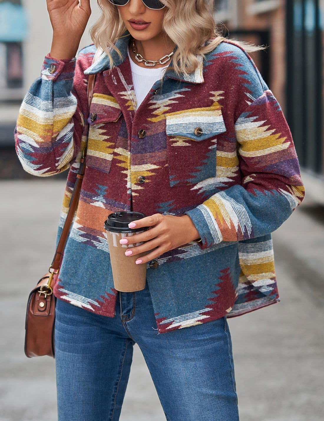 Chevara Women’s Vintage Ethnic Aztec Jacket Long Sleeve Button Up Woolen Shacket Western Jackets - Image 3