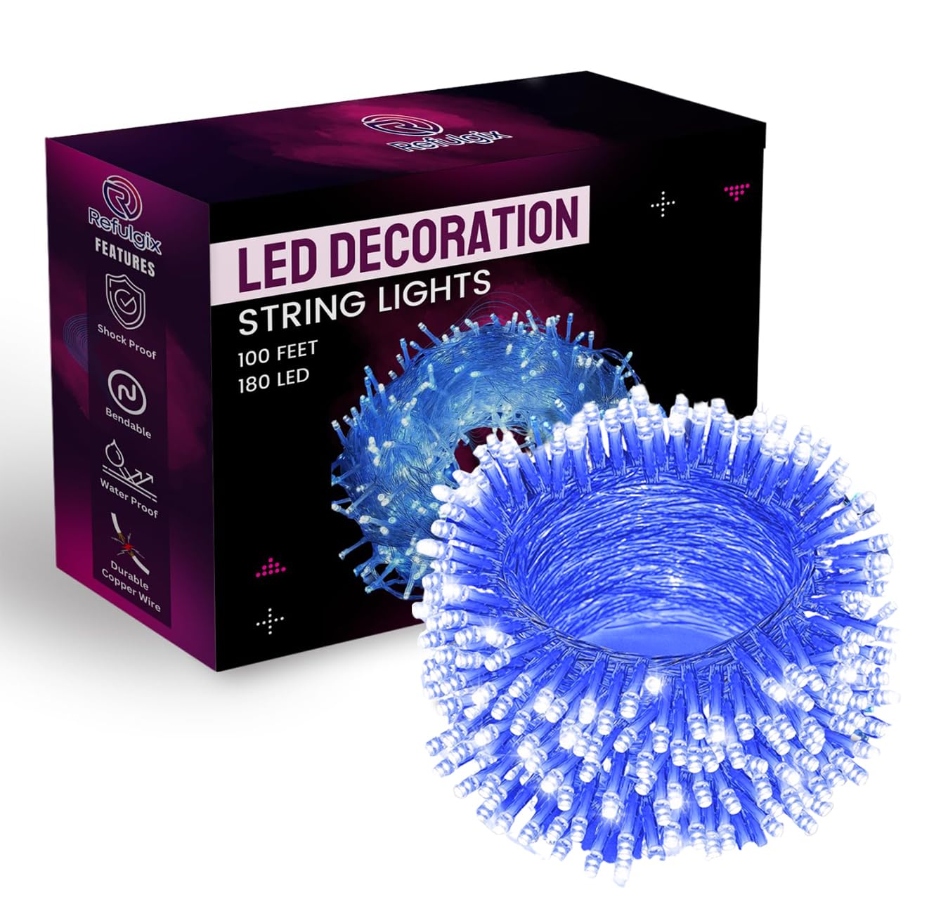 REFULGIX 100 Feet 180 LED Waterproof Decorative String Fairy Pixel Rice Lights Plug sourced |for Indoor & Outdoor Decorations (Blue, Pack of 1)
