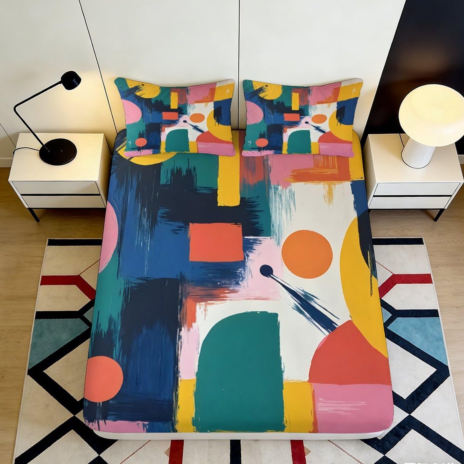 3D Printed Abstract Geometric Fitted Sheet Microfiber Soft Breathable Color Block Bed Cover for Bedroom Dorm Decor 90x200x25cm