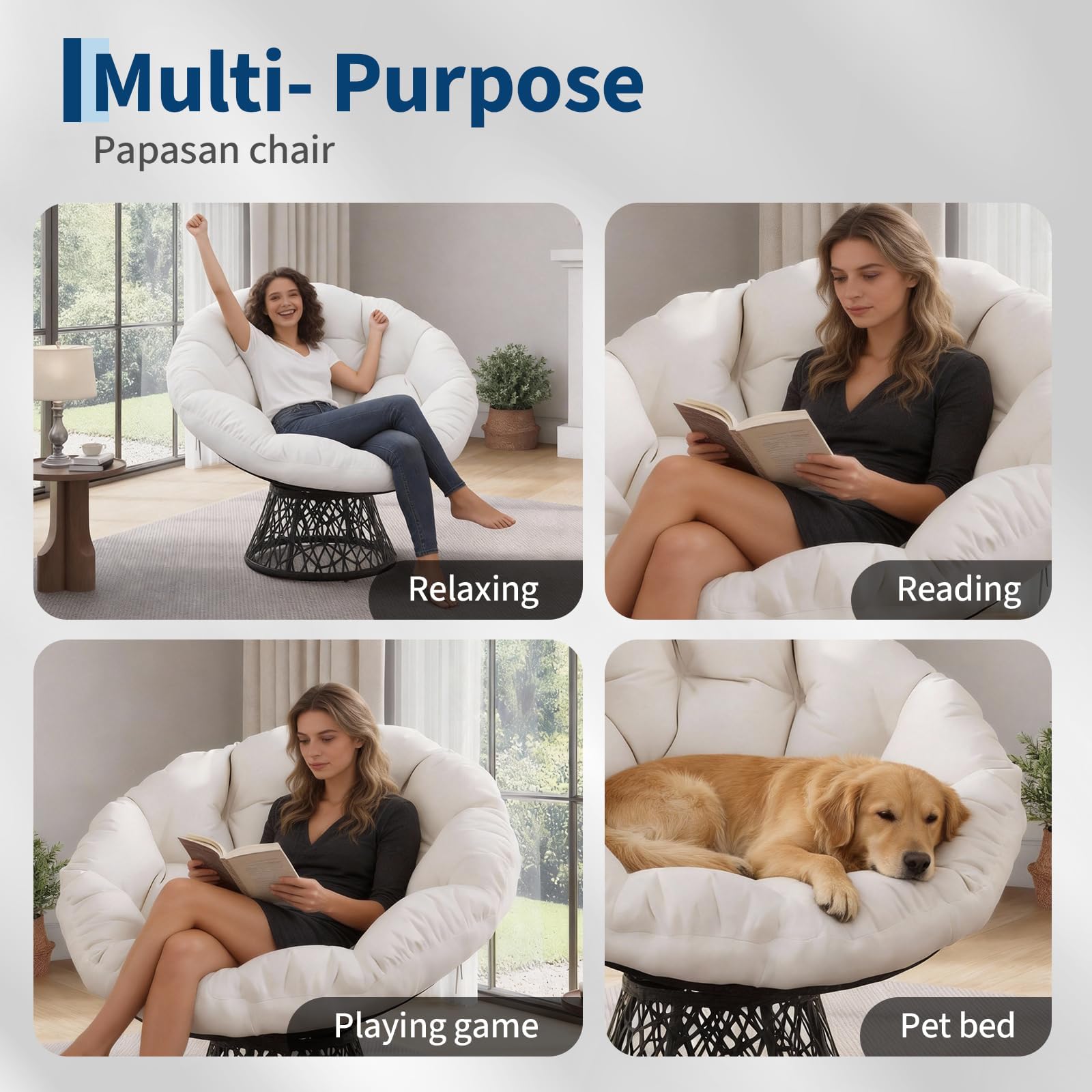 Fauteuil papasan Pivotant à 360° en Rotin,Fauteuil de jardin avec Coussin Épais,Imperméable,Charge 130kg,Intérieur & Extérieur,Chaise Relax Oeuf/Chauffeuse Pour salon,balcon,terrasse,jardin(Beige)