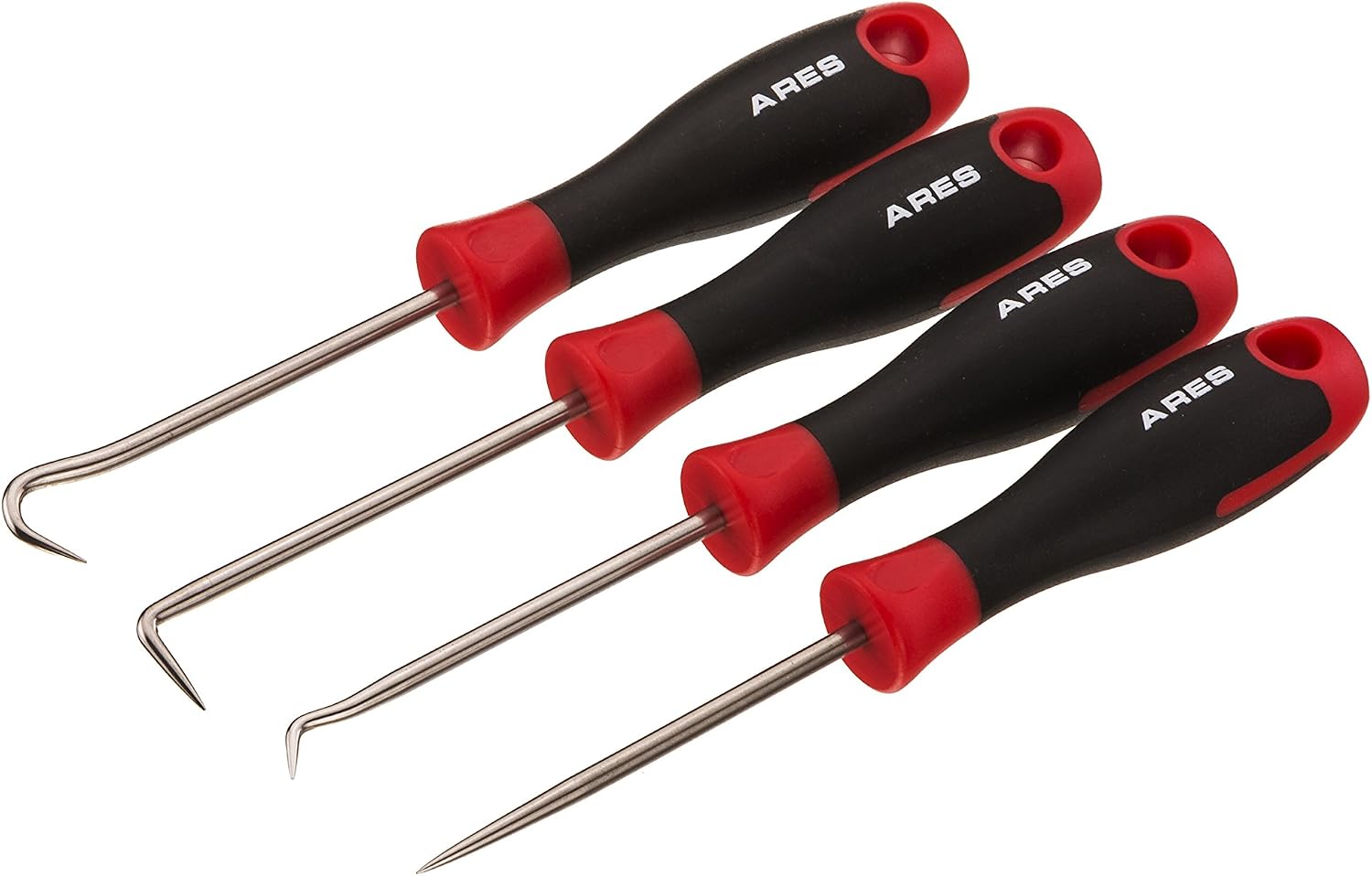 ARES 70256 - Precision Hook and Pick Set - 4-Piece Set Includes Precision 90 Degree, Hook, Combination and Straight Hooks and Picks - Chrome Vanadium Steel Shaft - Easily Remove Hoses and Gaskets