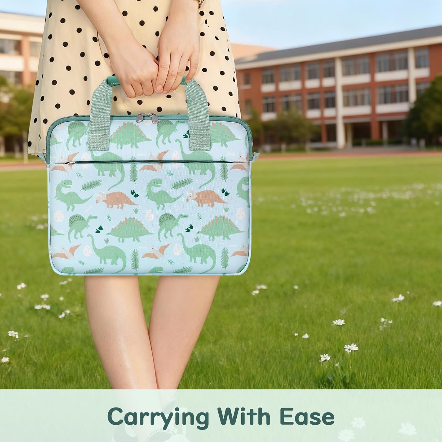 Dadanism Tablet Bag for Kids, 12.5 Inch Portable Tablet Sleeve Carrying Case with Handle & Shoulder Strap, Fits Fire HD 10 Kids (Pro) 13th/11th Gen 2023/2021, Fire Max 11 13th Gen, Green Dinosaur - Image 2