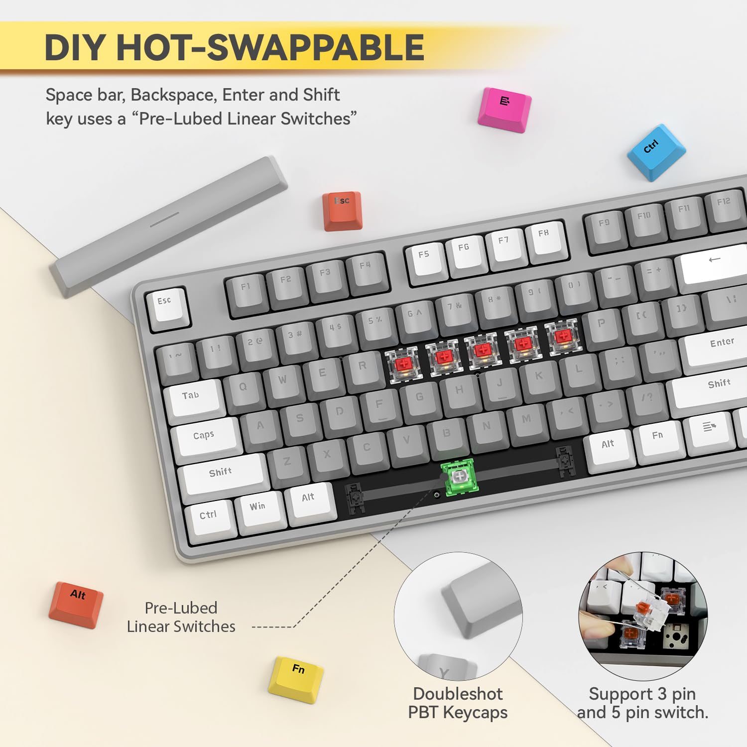 AJAZZ AK873-75% Teclado para juegos con cable USB C en espiral, interruptor rojo, teclado mecánico, LIGHTSYNC RGB TKL, 80% compacto, 87 teclas, cubierta superior magnética desmontable para PC/Mac,