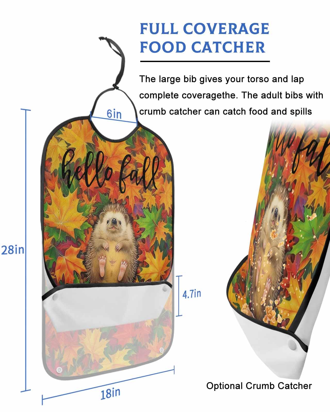 Hello Fall Adult Bib for Adults Men, Women, Red Orange Thanksgiving Maple Leaf Animal Washable & Adjustable Terry Cloth Bib with Crumb Catcher Reusable Waterproof Clothing Clothes Protector Apron