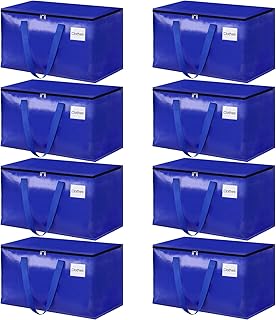 HomeHacks Moving Bags, 8-Pack Heavy Duty with Strong Zippers and Handles Collapsible Moving Supplies, Storage Totes for Packing & Moving Storing 93L (Blue)