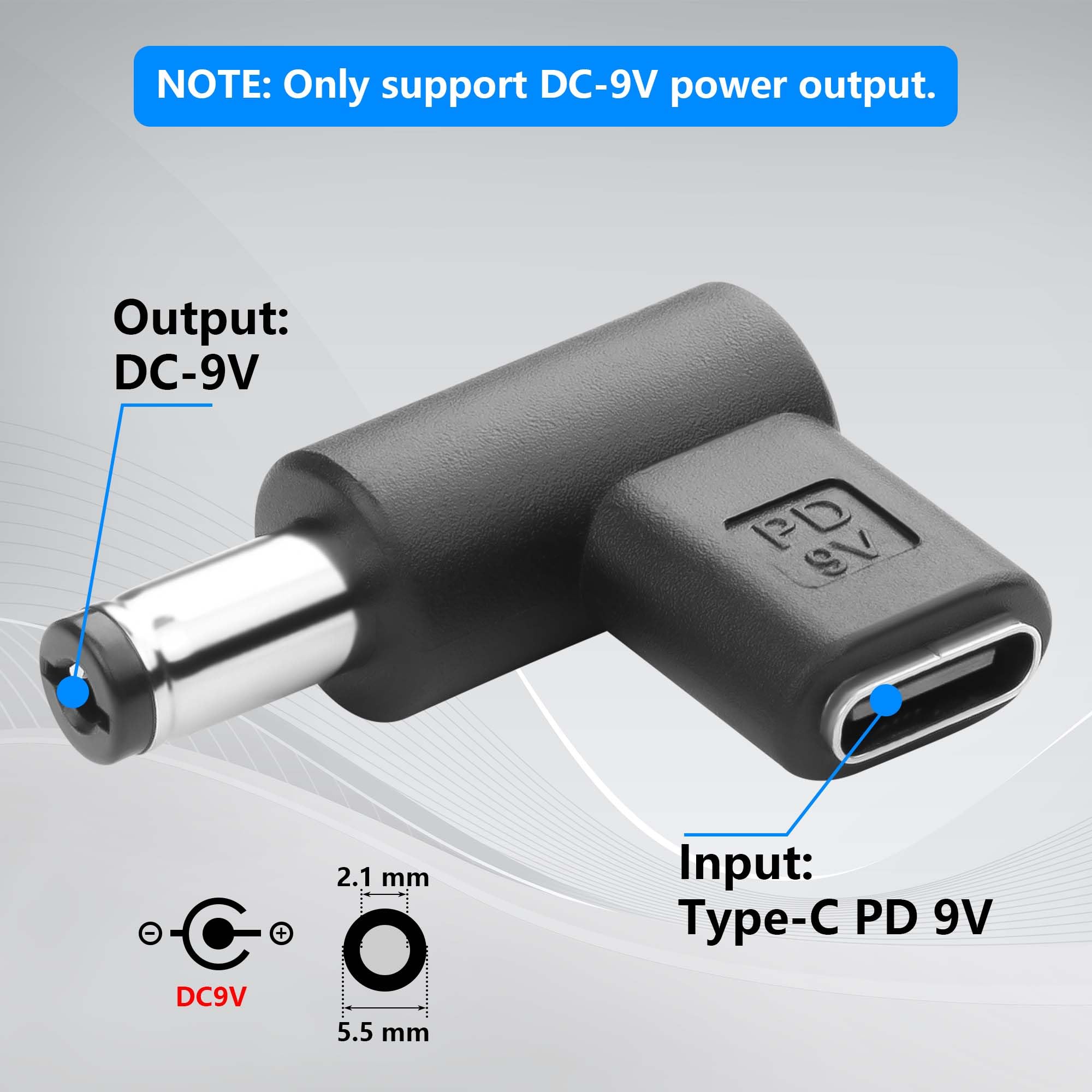 GINTOOYUN 2 szt. 9V DC Adapter złącze zasilania 90 stopni kąt żeński USB C na męski konwerter DC 5,5 mm X 2,1 mm (9V)
