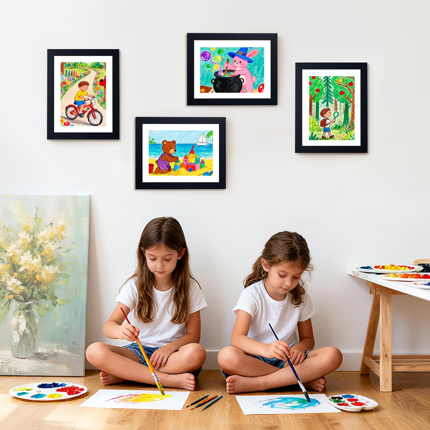 4 Pack Black Kids Art Frame, 8.3x11.7 hold A4 paper Front Opening Wood Kid Artwork Frames, Wall-mounted Standing Children Art Frame with Mat, Holds 100 Pcs, Drawing Display Storage