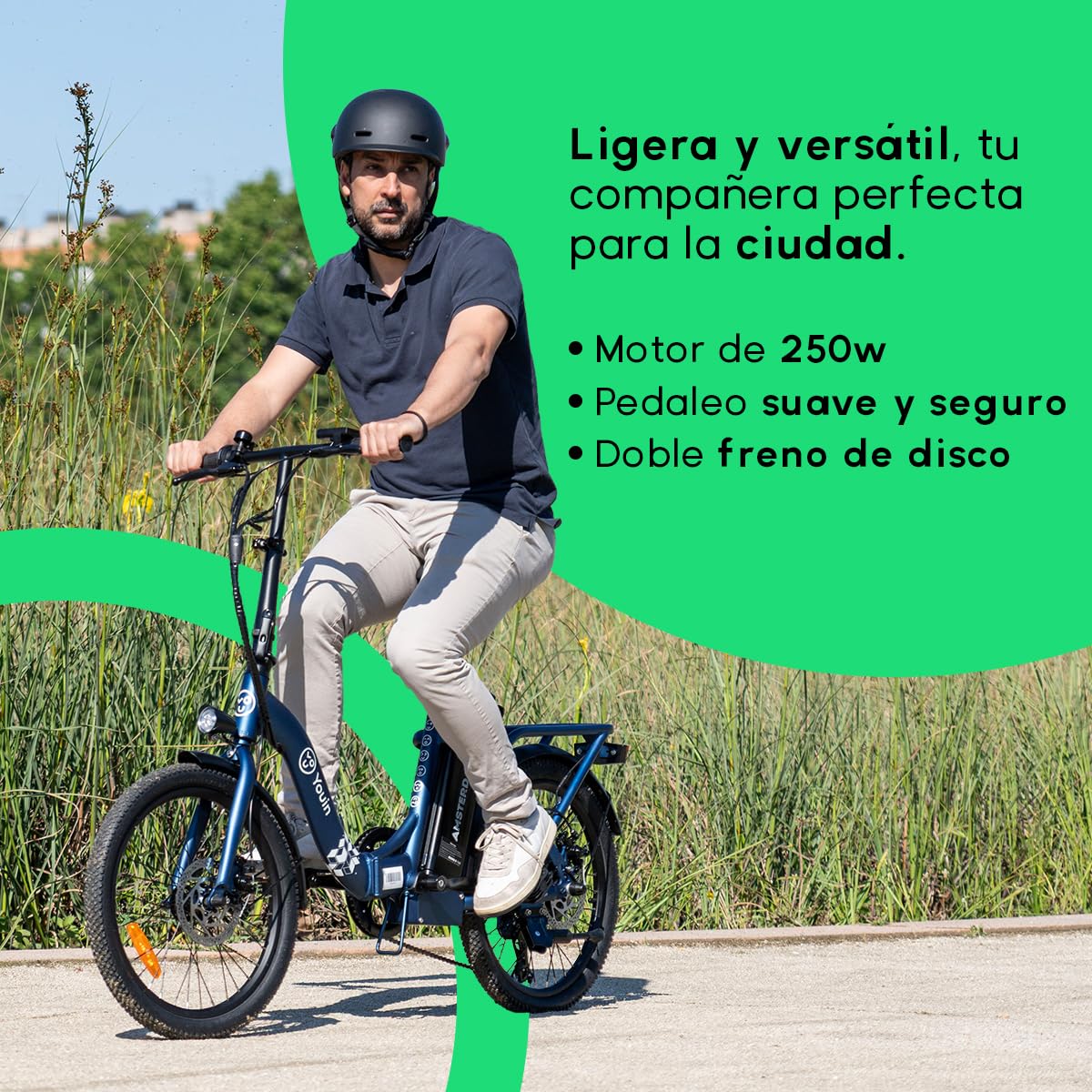 Youin Amsterdam Bicicleta Eléctrica Plegable 20" | Motor Trasero 250W 40Nm, Batería Extraíble 281Wh, Hasta 45 km de Autonomía, 7 Velocidades, Frenos de Disco