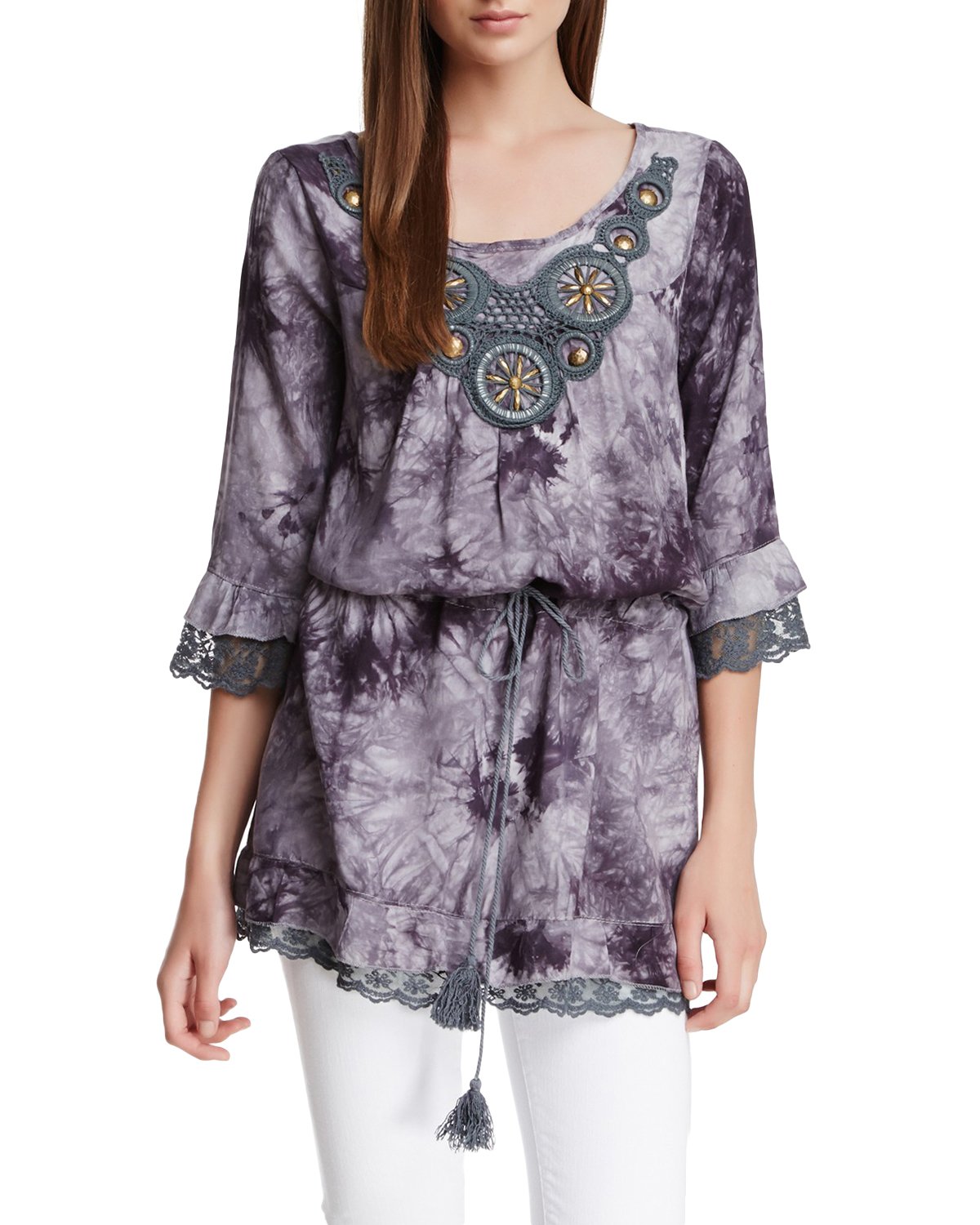 Style NYWomen's Tie Dye V-Neck 3/4 Sleeve Drop Waist Blouson Dress Fashion Tunic