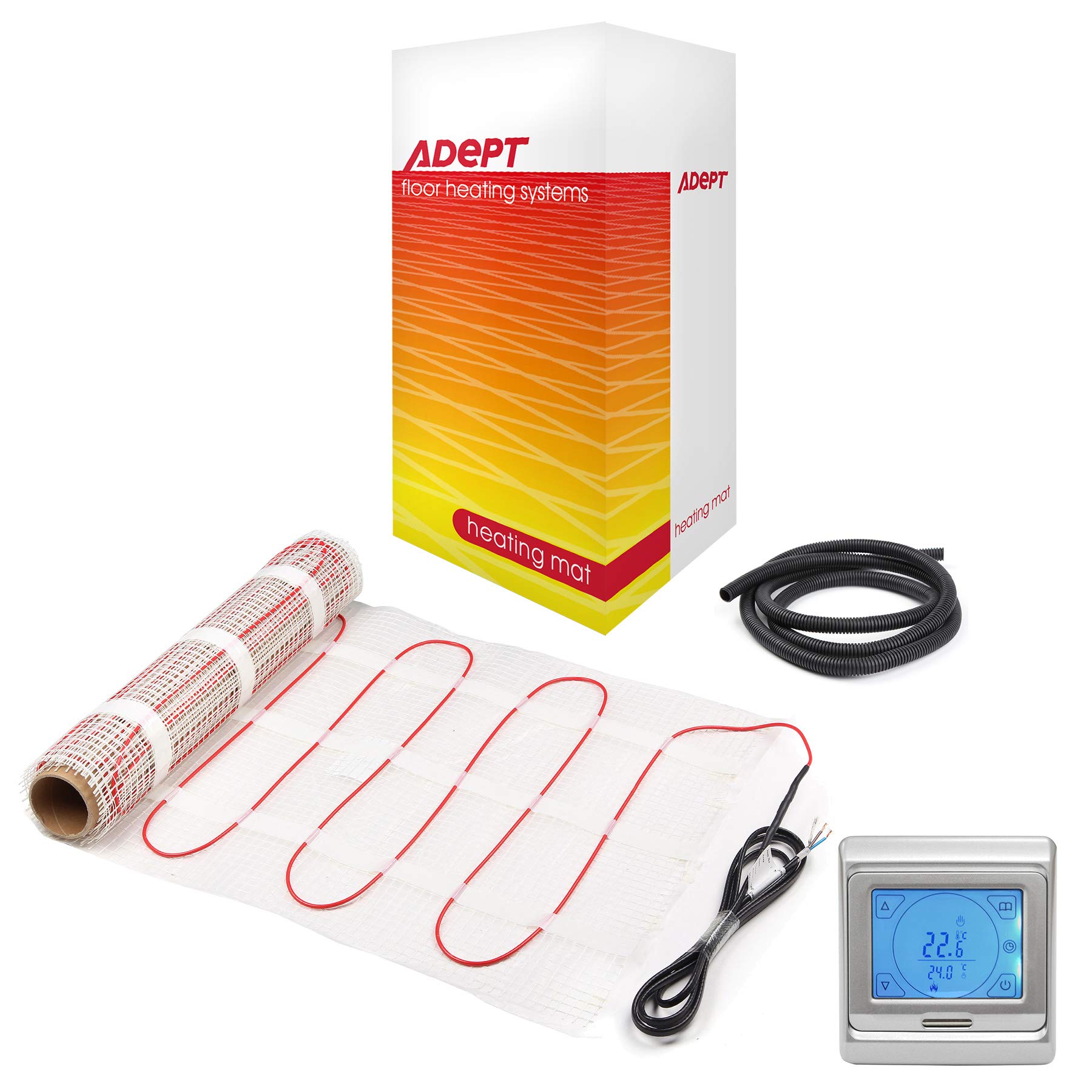 Adept Silver Touchscreen Electric Underfloor Heating Mat Kit For Tiled/Stone Floors 160W/M2-10M2 With Programmable Thermostat