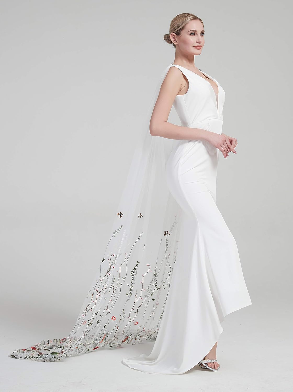 Wildflower Floral Embroidery Shoulder Cape Veil Secret Garden Veil with Comb Cathedral Length Bridal Wedding Veil S117