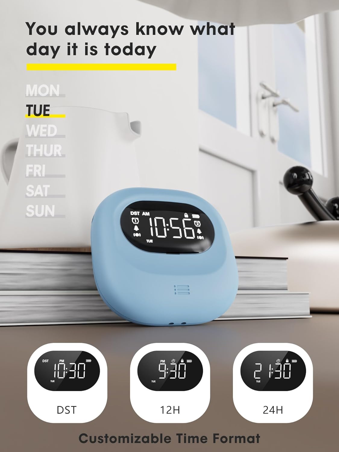 ROCAM Vibrating Alarm Clock displaying the current day of the week and customizable time formats (12H, 24H, DST).