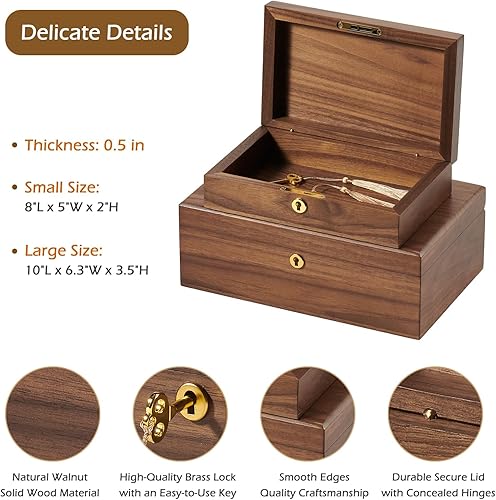 Miniatura 3 de Cajas de almacenamiento de nogal con tapa de bloqueo, juego de 2 cestas de almacenamiento decorativas de madera maciza con cerradura, caja de