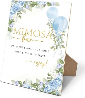 Mimosa Bar Sign for Wedding Reception, Blue Flower Bridal Shower Welcome Signs with Stand, Bachelorette or Baby Shower Birthday Party Supplies 8x11 Inches Wooden -03