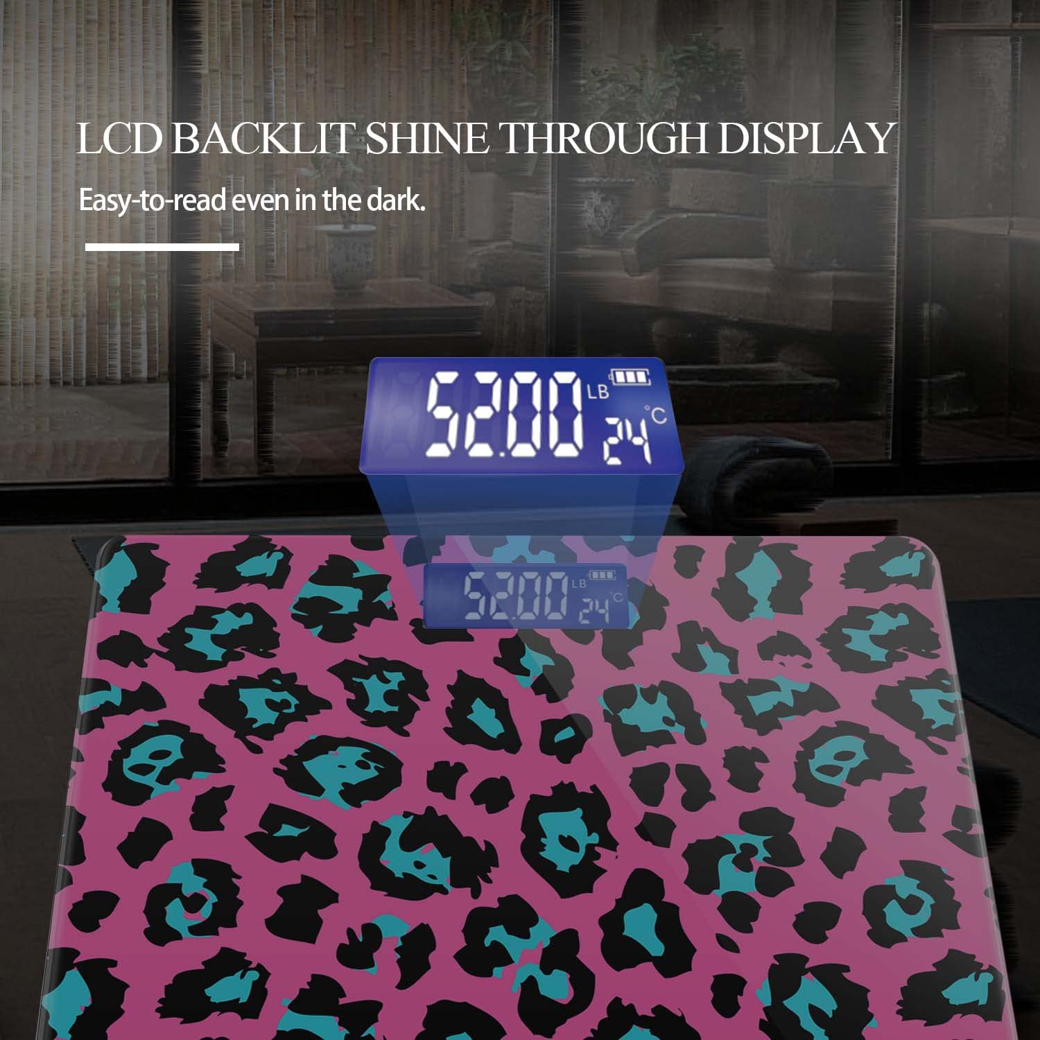 Báscula de peso digital para peso corporal, báscula de baño, báscula personalizada para peso corporal 400 libras con pantalla grande retroiluminada fácil de leer - leopardo rosa