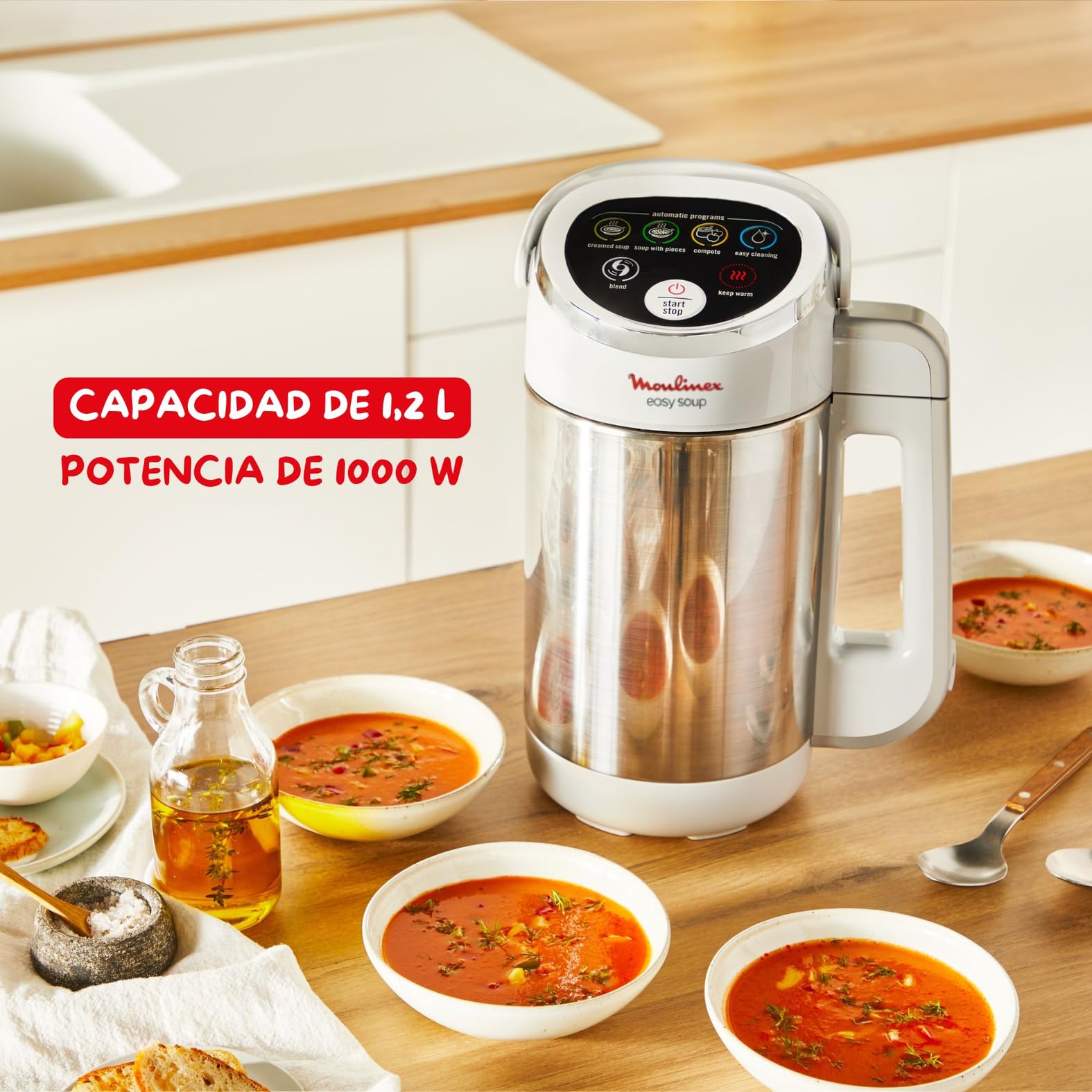 Moulinex Easy Soup, Sopera Eléctrica, 4 Programas Automáticos, Jarra Inoxidable, Capacidad 1,2L, Autolimpieza, Función mantener caliente, Potencia 1000W, LM841110