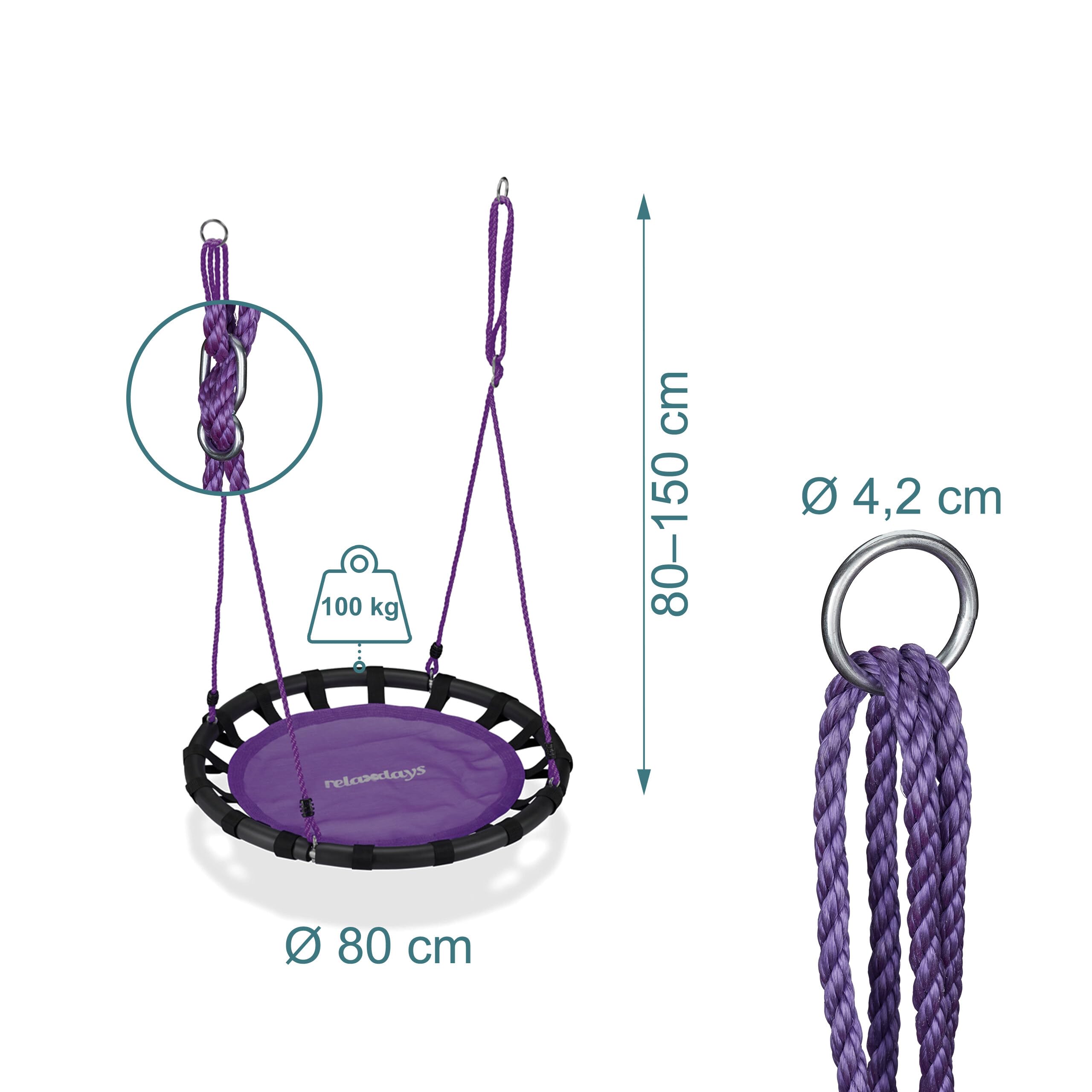 Relaxdays Columpio Jardín Nido de Altura Ajustable para Niños y Adultos, hasta 100 kg, Morado, ø 80 cm