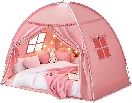 Twin Bunk Bed Tent Canopy for Kids Playhouse, Indoor Portable Foldable Privacy Shelter with Breathable Starry Canopy for Girls & Boys Bedrooms Twin Pink