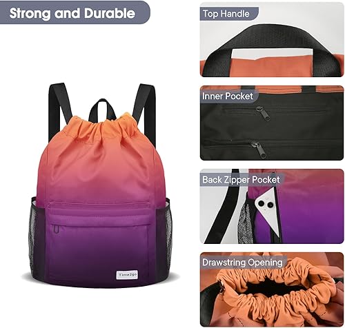 Miniatura 4 de Mochila deportiva con cordón y bolsillos de malla, resistente al agua, bolsa de playa para hombres y mujeres (naranja y morado)