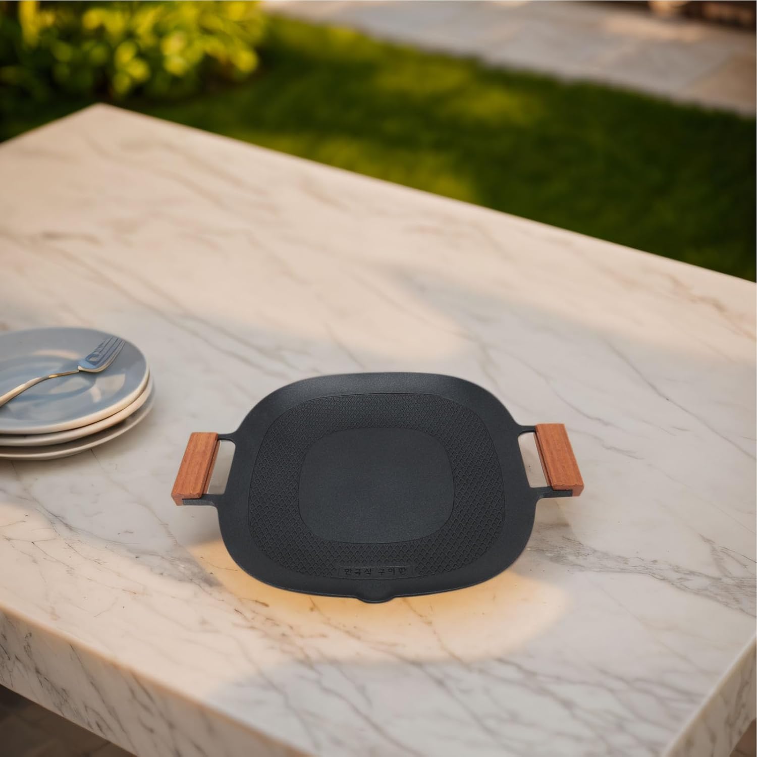 BBQ Grill Pan | Nonstick & Even Heating Stovetop Pan | Aluminum Alloy Grill Pan for Camping/Home/Outdoor Cooking | Compact Design with Wooden Handle