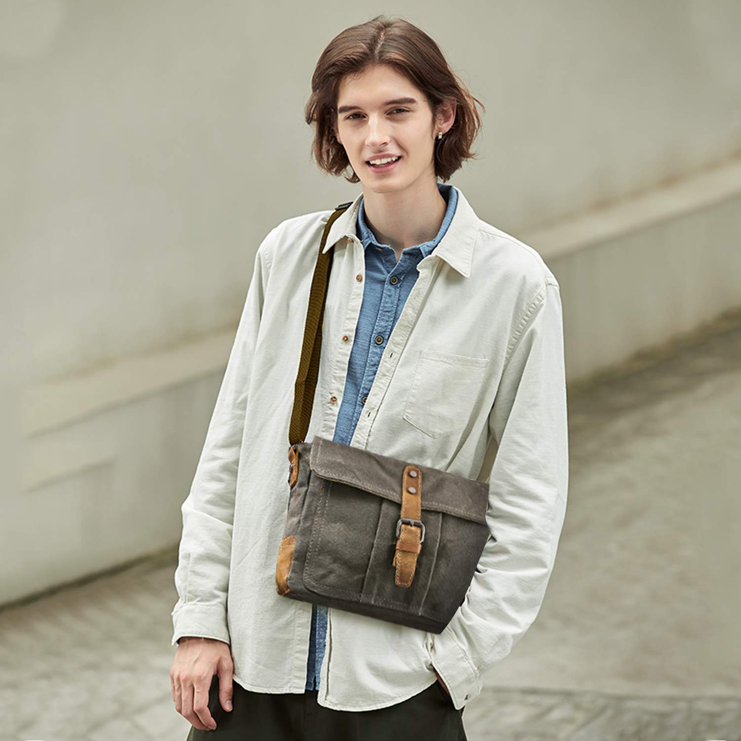 FANDARE Moda Borsa a Tracolla Laptop da 7.9 Pollici Piazza Affari Studente Viaggio Portatile Uomo Multifunzione Envelope Crossbody Bag Traspirante Tela Verde