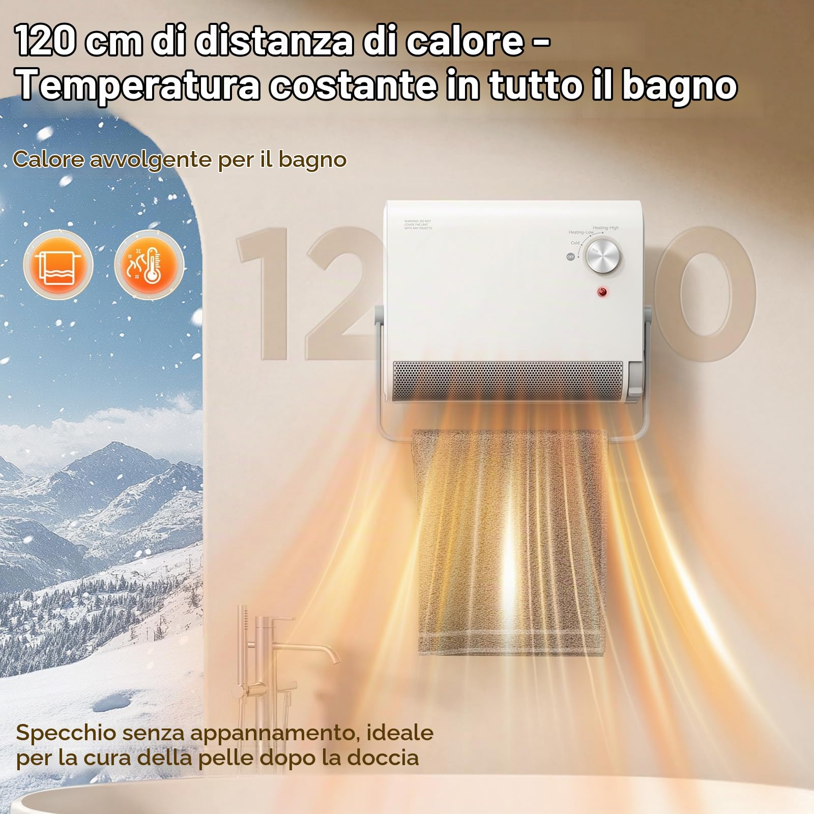 Stufe Elettriche 1200W Portatile Termoventilatore Riscaldatore a Parete Silenzioso-Basso Consumo Energetico-oscillazione di 30°-3 Livelli di Temperatura Per Bagno Camere Ufficio
