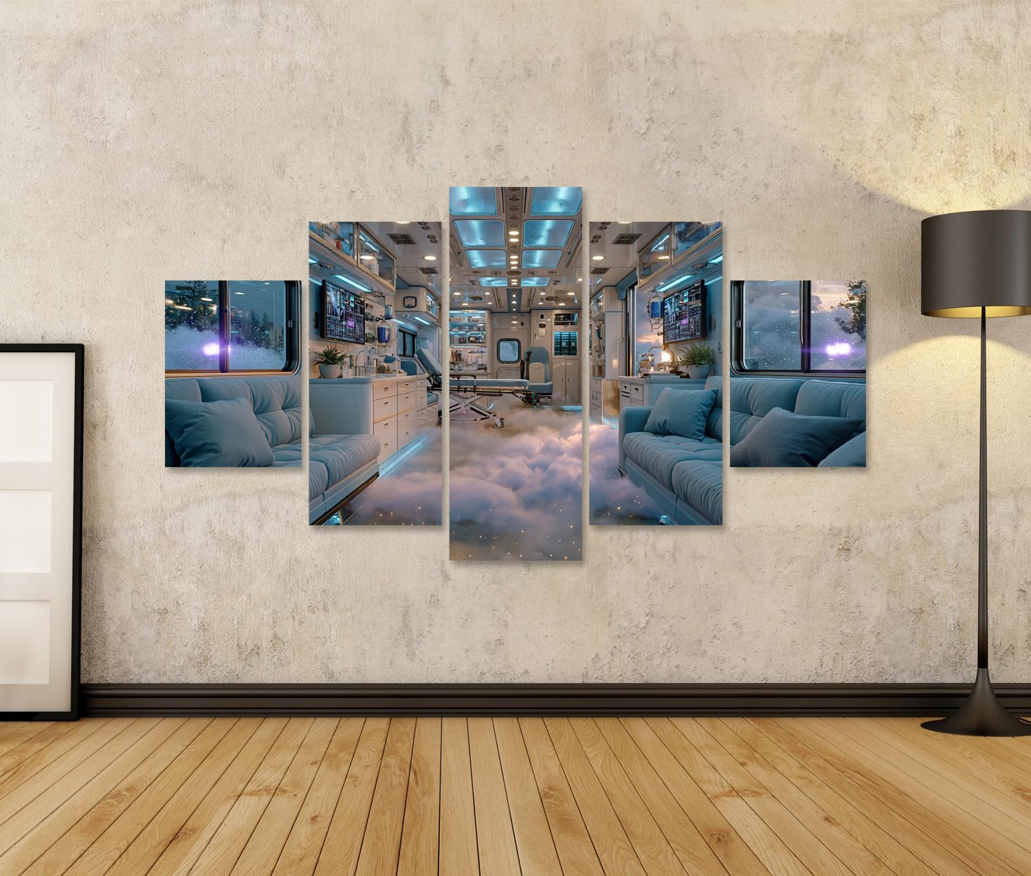 islandburner Bild auf Leinwand Futuristisches Krankenwagen-Interieur Wandbild für Büro und Praxis - Für Technikbegeisterte - 5-teilig