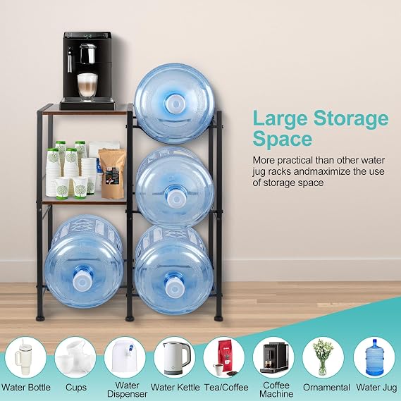 5 Gallon Water Jug Holder Stand with Wood Shelves Heavy-Duty Water Bottle Storage Rack for Home, Office, Garage Rustic Brown Wood & Steel Dispenser Stand Holds Up to 300LBS